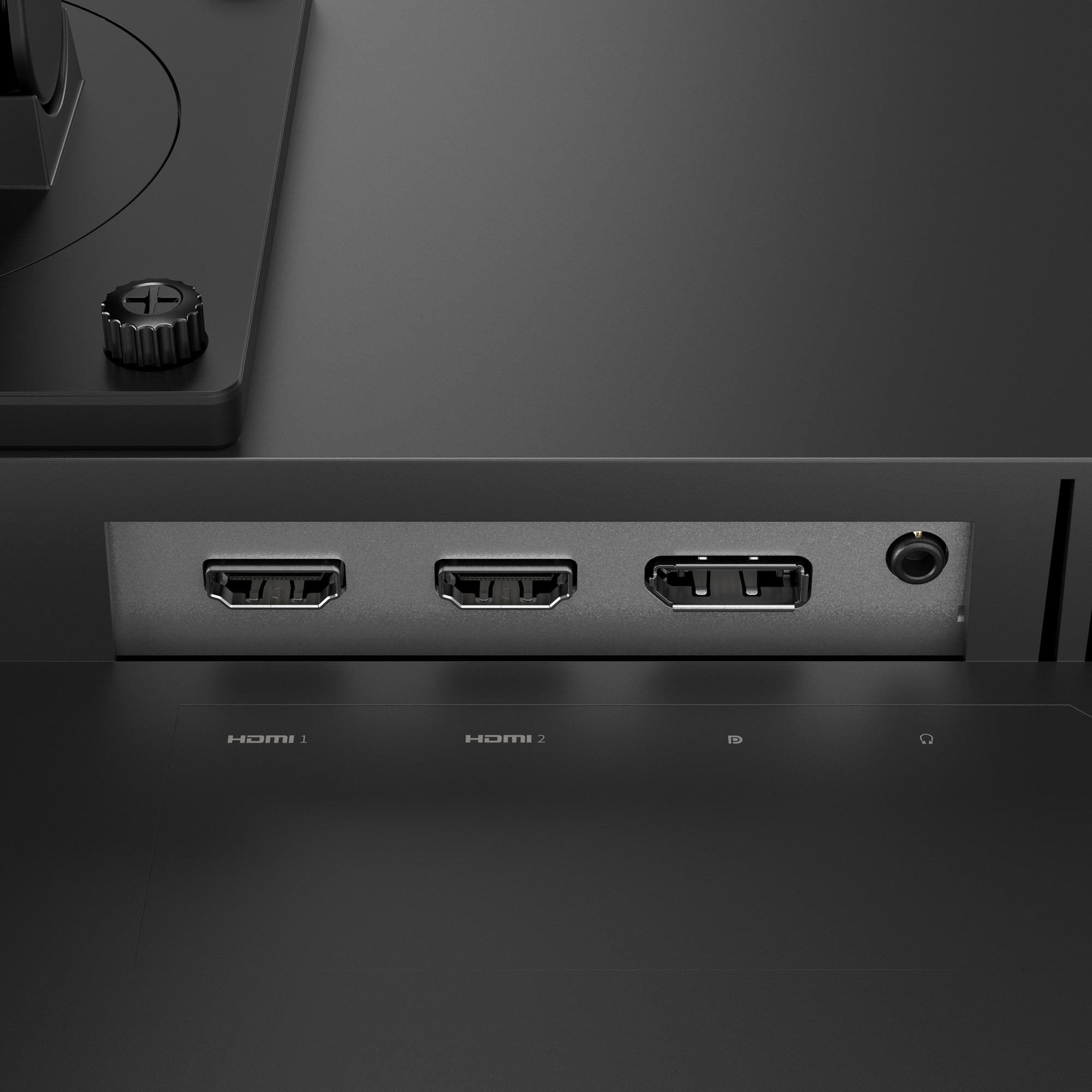 Zbliżenie czarnego panelu tylnego monitora z trzema portami HDMI, gniazdem słuchawkowym i etykietami. Zawiera pokrętło regulacji podstawy.