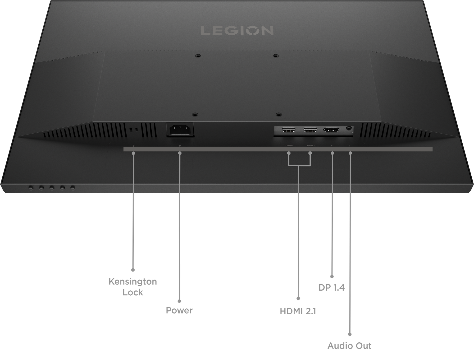 Tył czarnego monitora ze słowem LEGION. Posiada porty zasilania, HDMI 2.1, DP 1.4 i wyjście audio. Na dole znajduje się blokada Kensington.