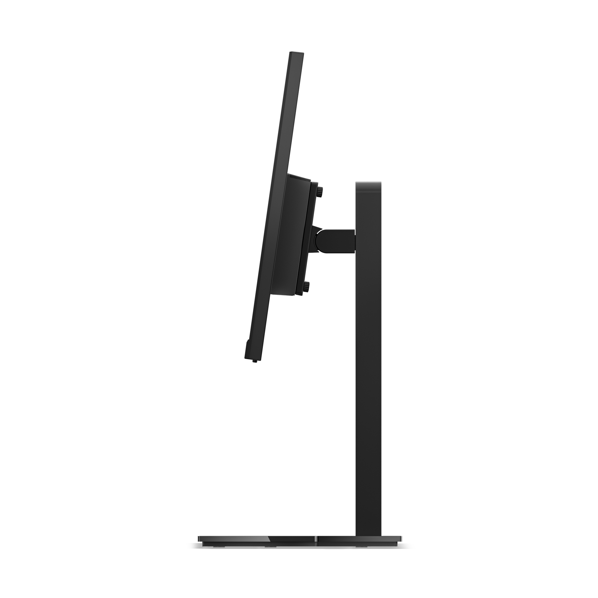 Widok z boku czarnego monitora komputera, zamontowanego na czarnym stojaku, na czarnym tle.