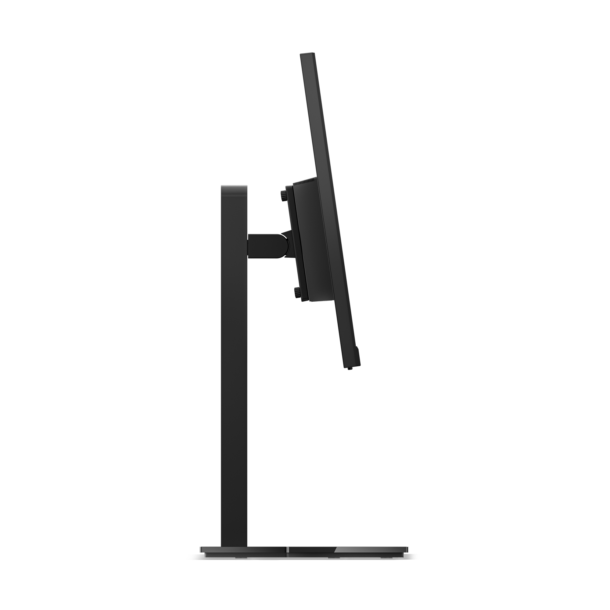 Czarny monitor komputera z boku. Jest na czarnym stojaku. Tło jest czarne.