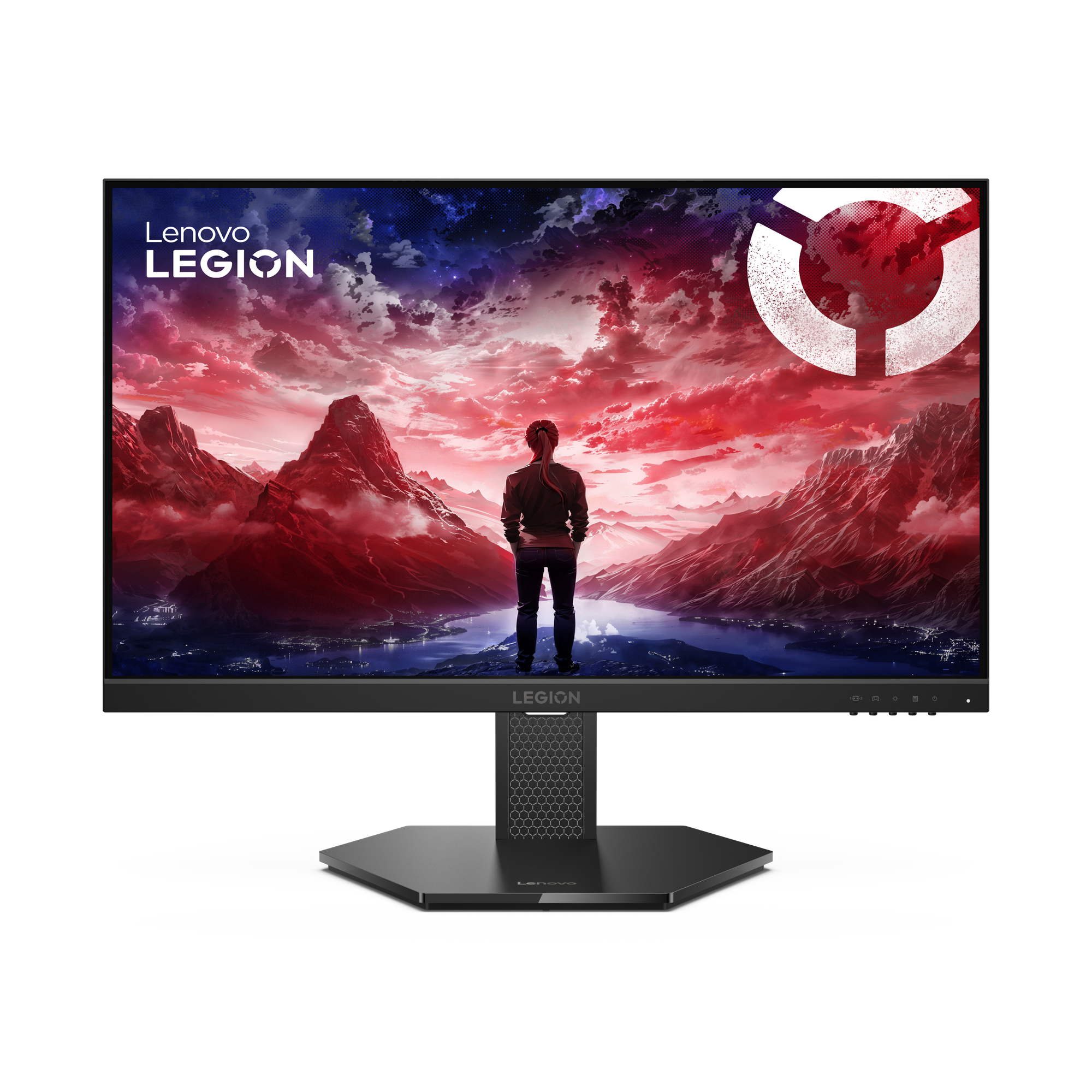 Monitor Lenovo Legion wyświetla osobę patrzącą na górski krajobraz z czerwonym niebem. Monitor stoi na czarnej powierzchni.