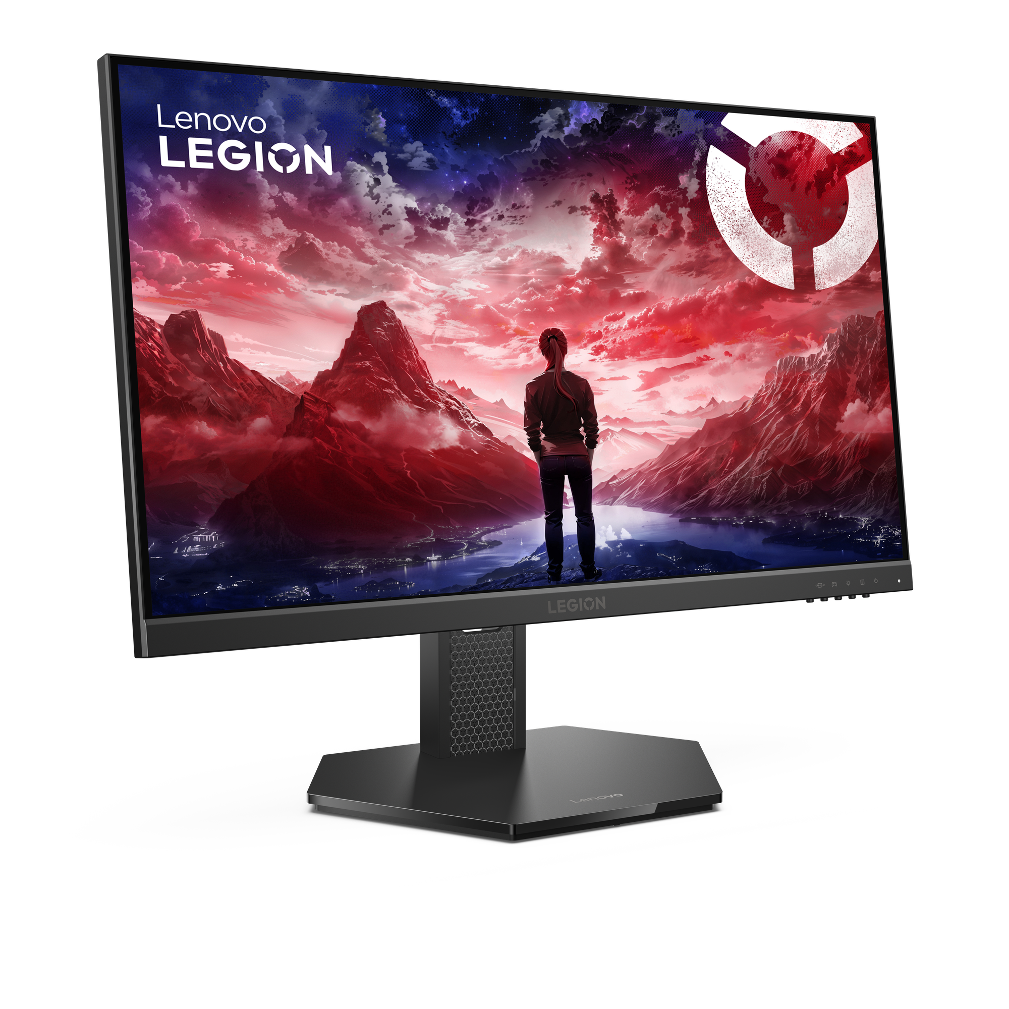 Monitor Lenovo Legion wyświetla krajobraz z osobą. Czerwone góry i logo w tle.
