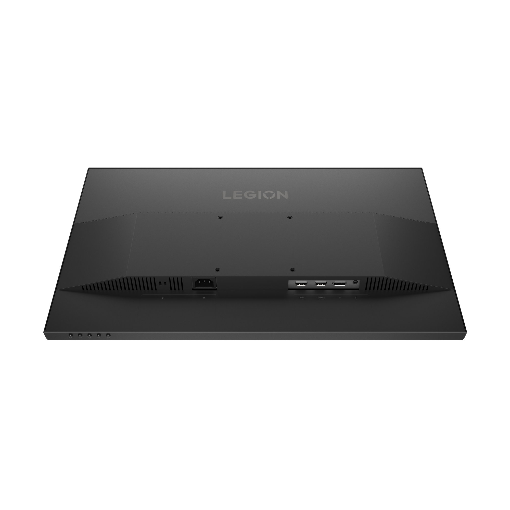 Tył czarnego monitora z logo Legion. Widoczne porty i otwory wentylacyjne. Czarne tło.