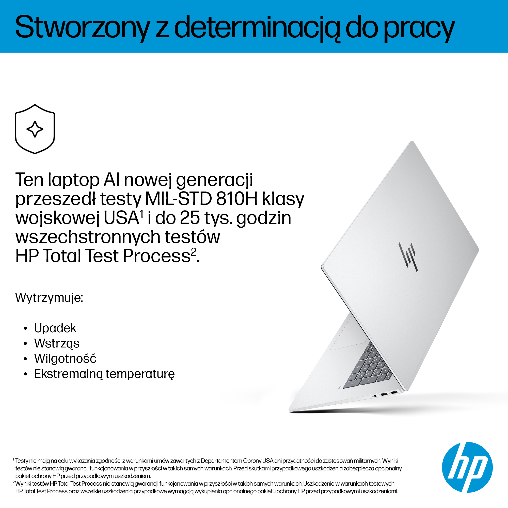 Biały laptop HP. Tekst opisuje testy wytrzymałości: upadek, wstrząsy, wilgotność i ekstremalną temperaturę. Logo HP po prawej.