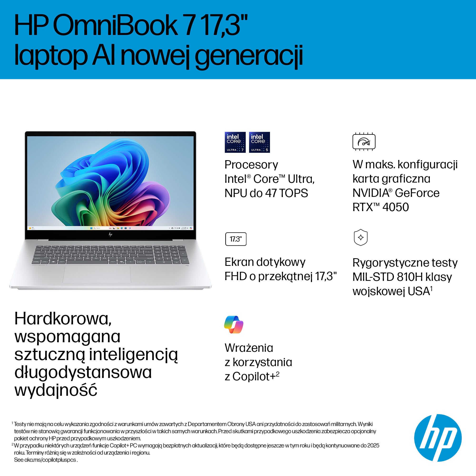 Laptop HP OmniBook z ekranem 17,3". Posiada procesory Intel Core Ultra, grafikę Nvidia GeForce RTX 4050 i testy MIL-STD.
