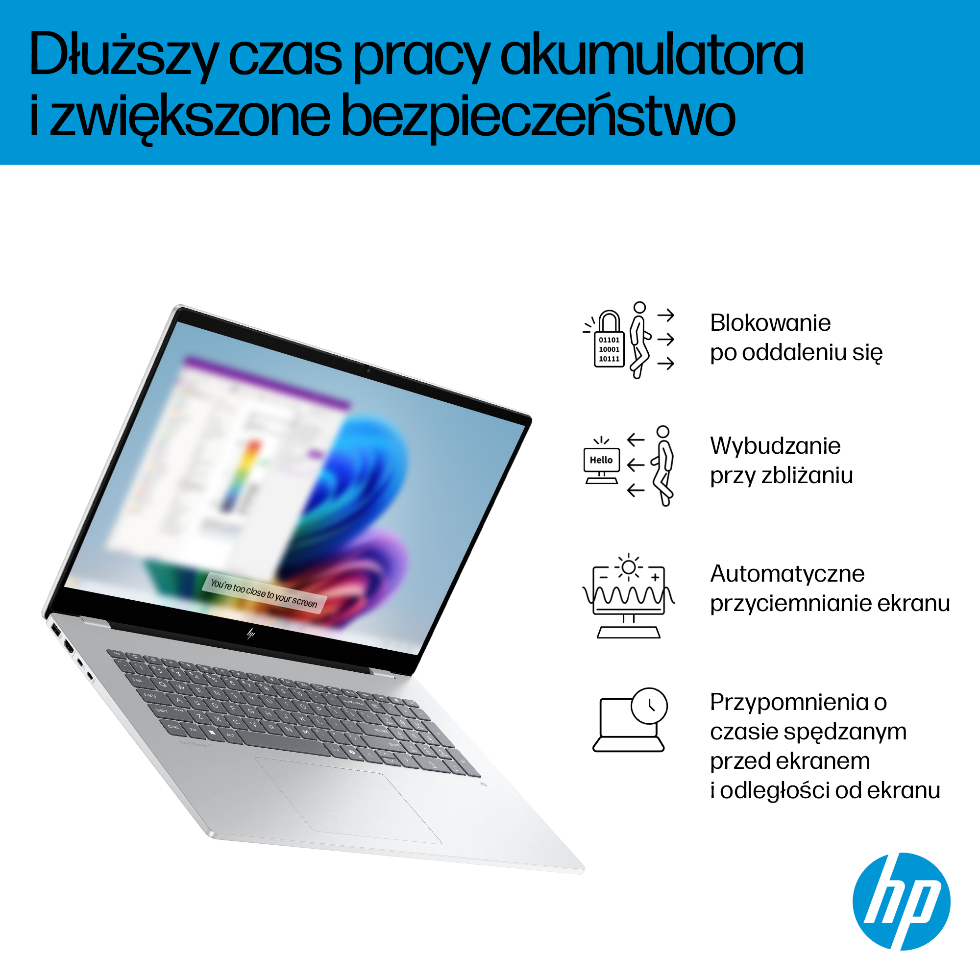 Srebrny laptop z kolorowym ekranem. Tekst: Dłuższa żywotność baterii i zwiększone bezpieczeństwo. Widoczne logo HP.