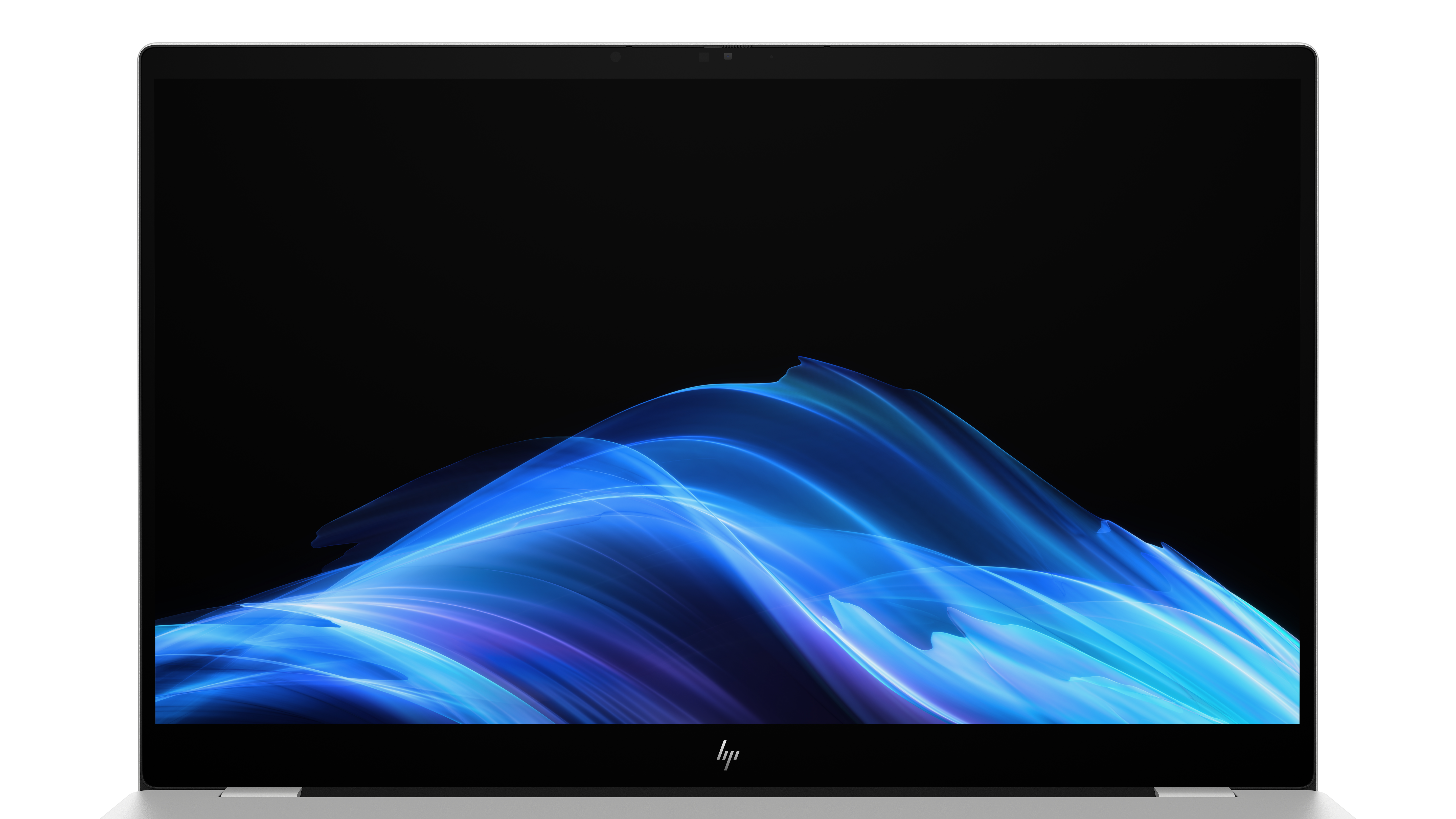 Srebrny laptop z czarnym ekranem wyświetlającym niebieskie linie. Logo HP na dole, czarne tło.