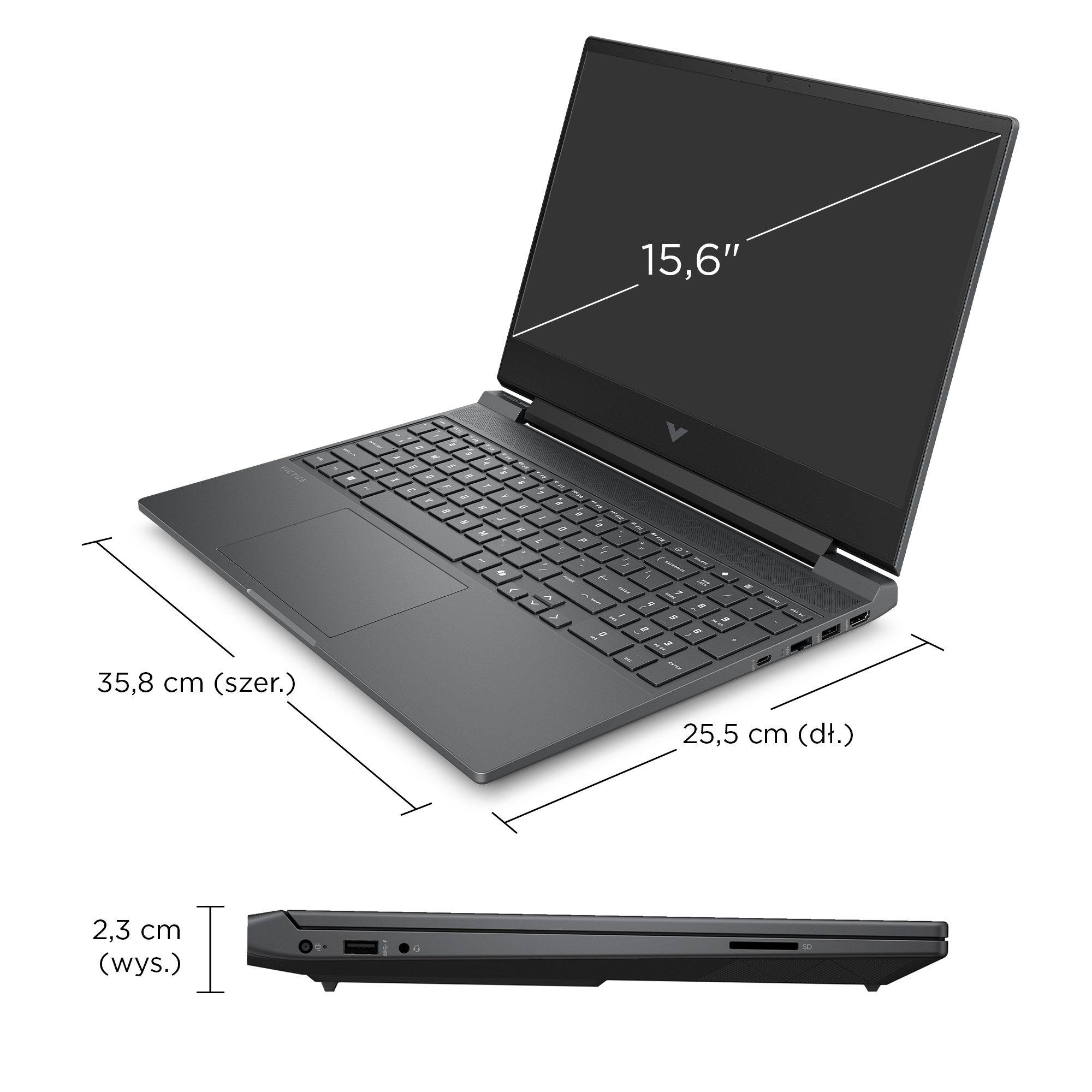Szary laptop z ekranem 15,6 cala. Wymiary: szerokość 35,8 cm, długość 25,5 cm, wysokość 2,3 cm. Widok z boku również pokazany.