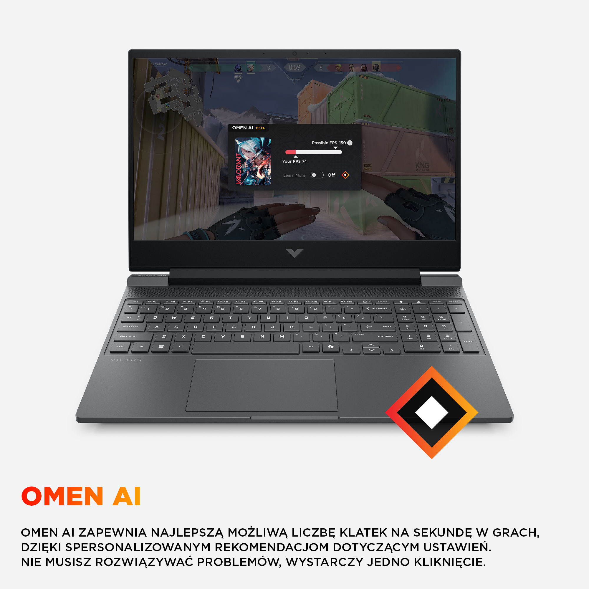 Laptop z ekranem gry, interfejs OMEN AI. Klawiatura i gładzik widoczne. Tekst: OMEN AI zapewnia najlepsze FPS.