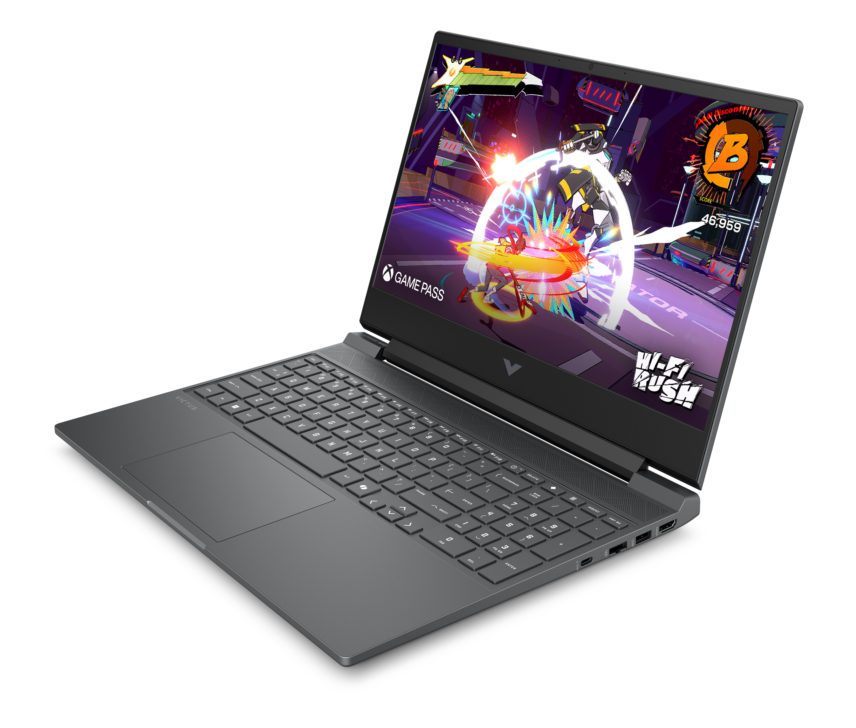 Laptop wyświetla scenę gry z kolorowymi postaciami. Laptop jest na czarnym tle.