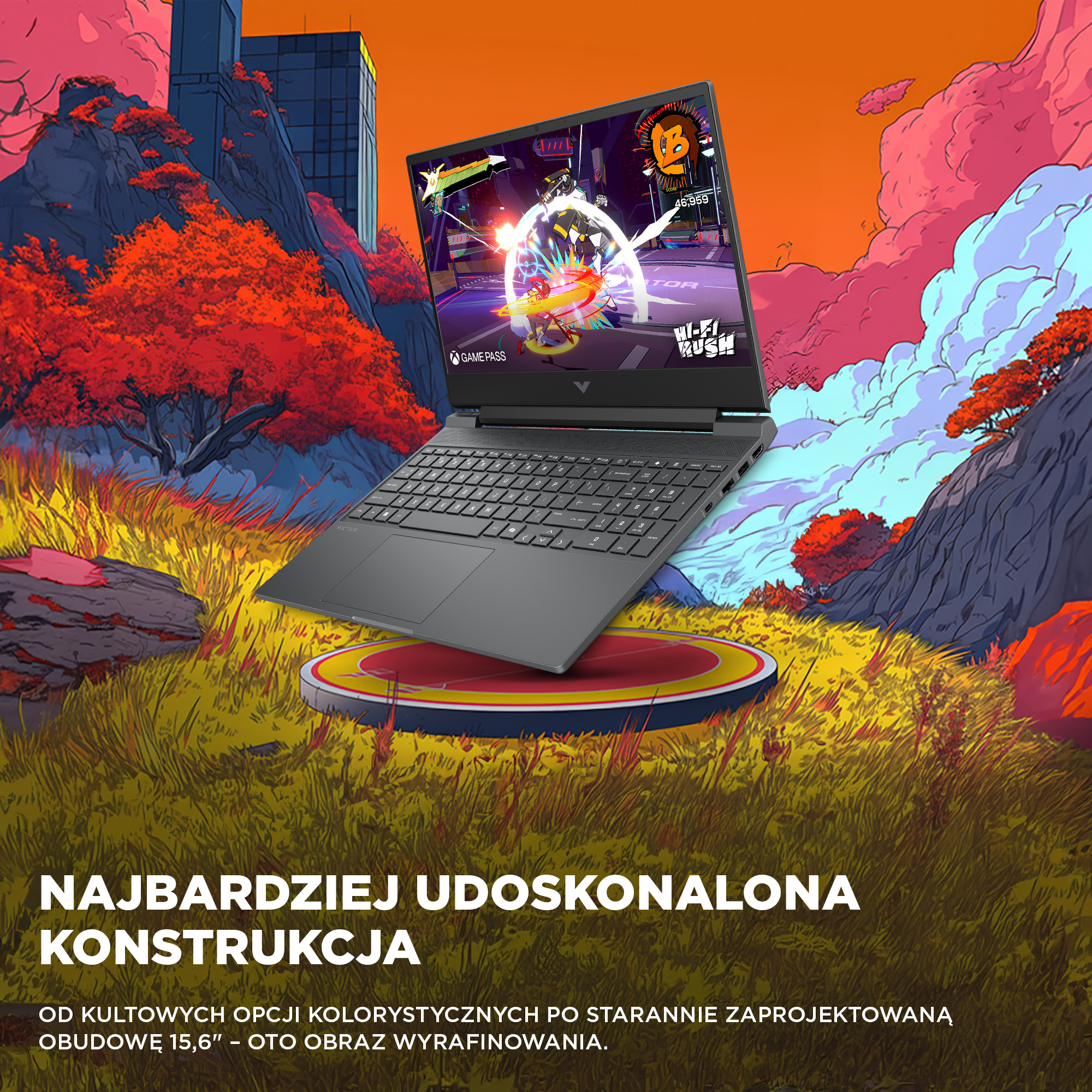 Laptop wyświetla scenę z gry. Jest na żółtym okręgu w polu. Budynki i czerwonawy drzewa w tle.