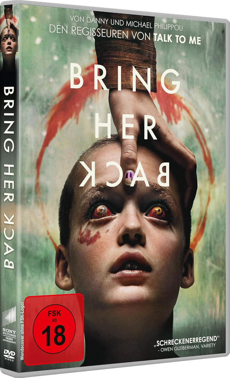 DVD-Cover für 'Bring Her Back'. Eine Hand drückt auf die Stirn einer Person. Die Person hat rote Augen und Gesichtsverletzungen.