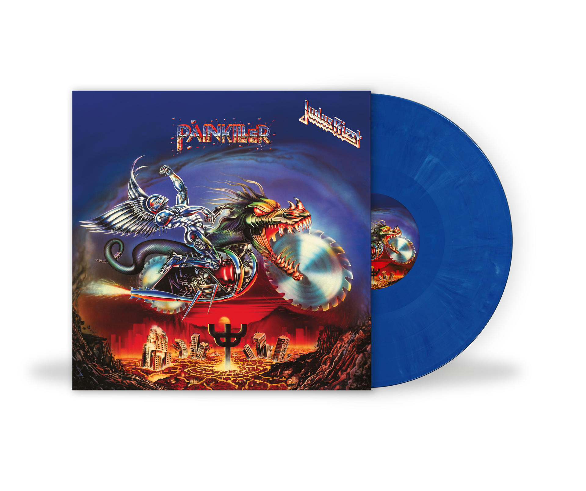 A Judas Priest 'Painkiller' című albumának borítója. Egy démoni figura fűrészlapos motoron, disztópikus háttérrel.