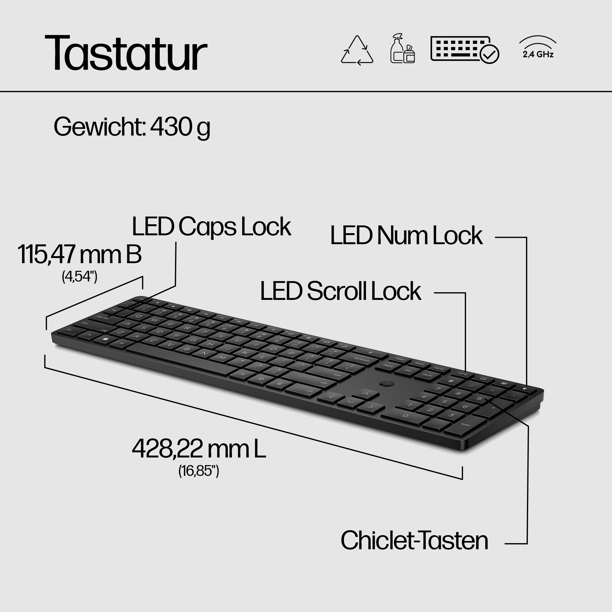 Eine schwarze Tastatur mit weißen Tasten. Textdetails umfassen Abmessungen, Gewicht und LED-Anzeigen. Die Tastatur ist kabellos.