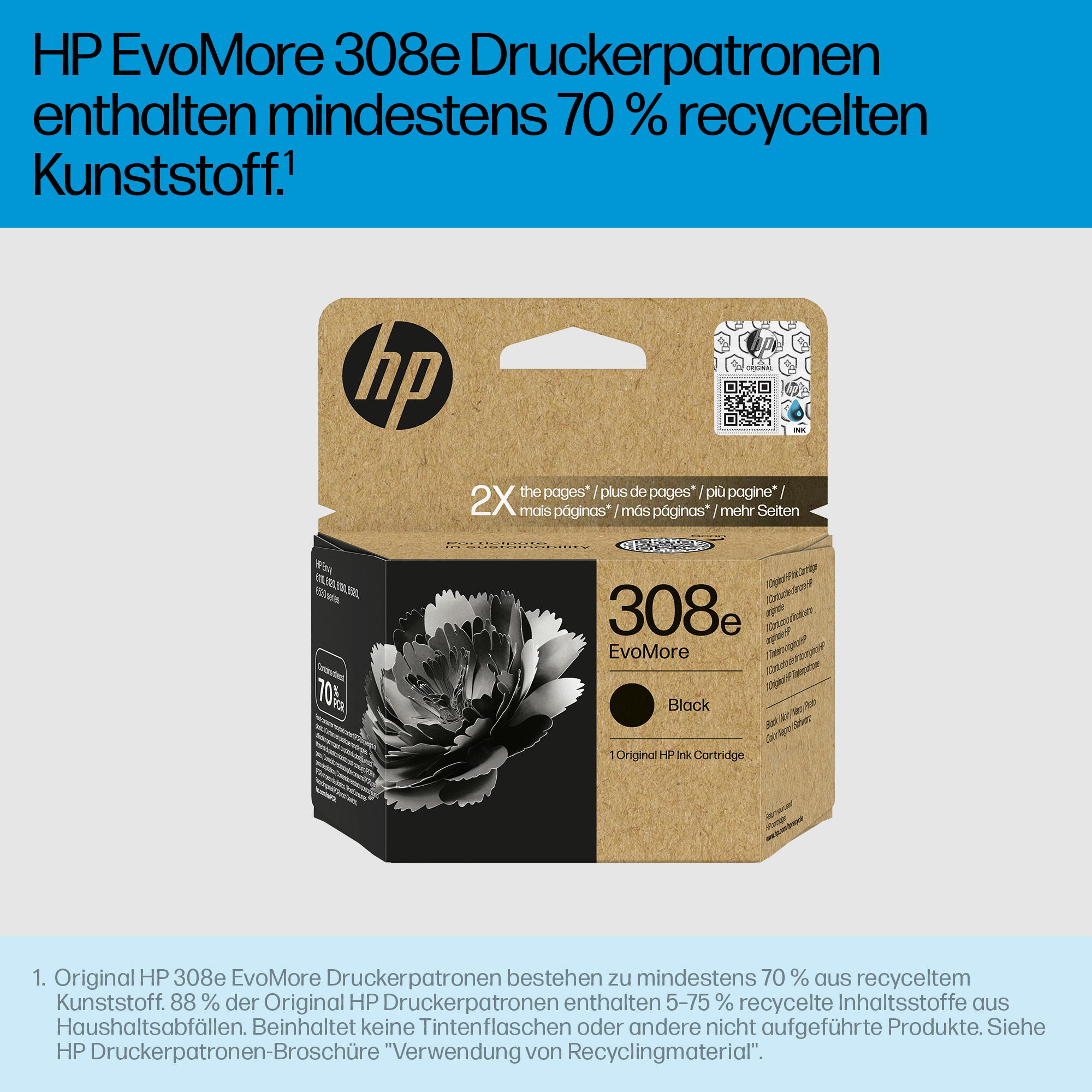 Eine HP-Tintenpatronenbox. Es steht HP EvoMore 308e mit einer schwarzen Tintenpatrone. Enthält mindestens 70 % recycelten Kunststoff.