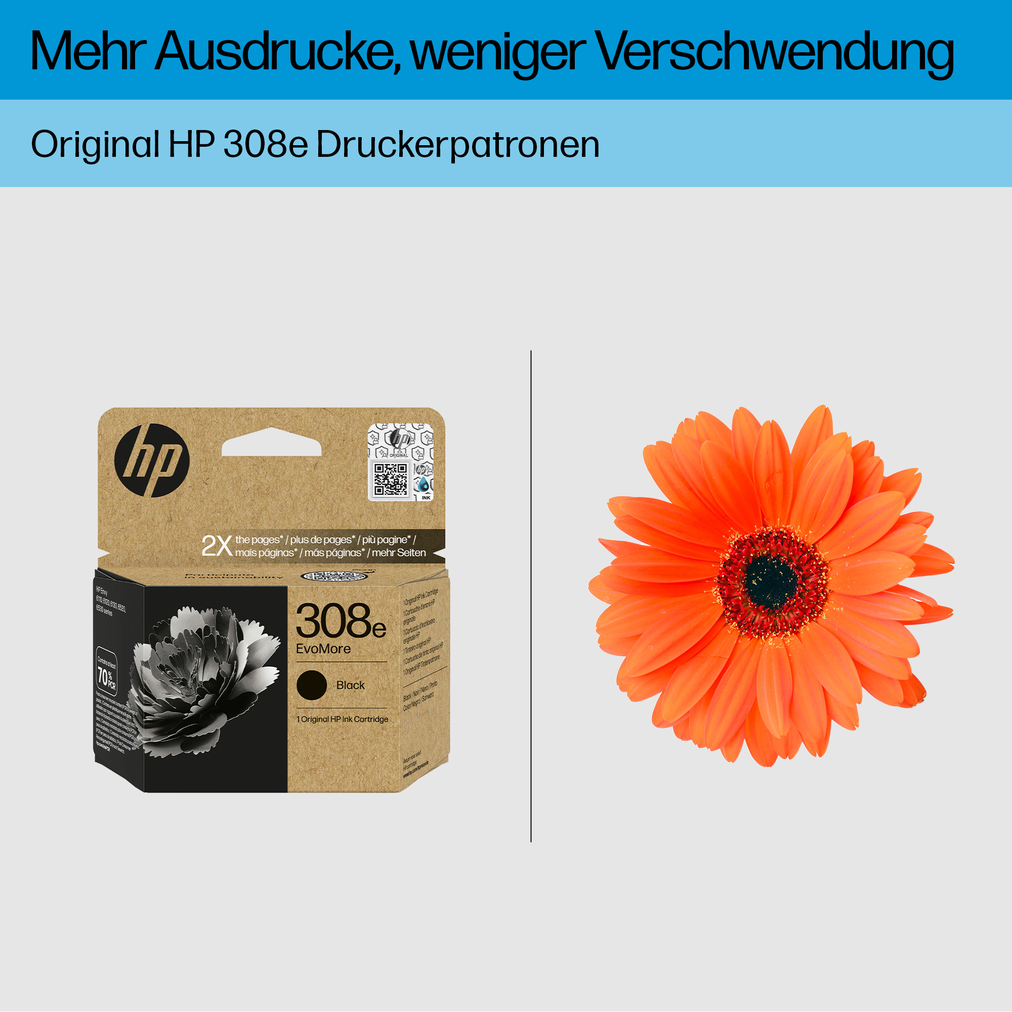 Das Bild zeigt eine HP-Tintenpatronenbox und eine orangefarbene Gerbera. Die Box ist braun und schwarz, die Blume leuchtend.