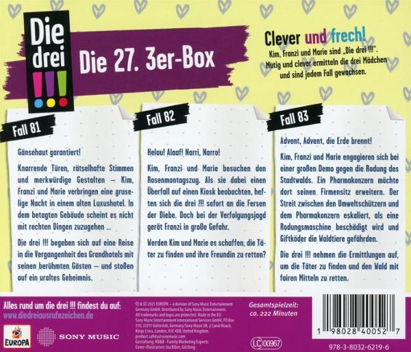 Buchcover mit deutschem Text, 'Die drei' Logo und Zusammenfassungen von drei Geschichten. Herzen im Hintergrund.