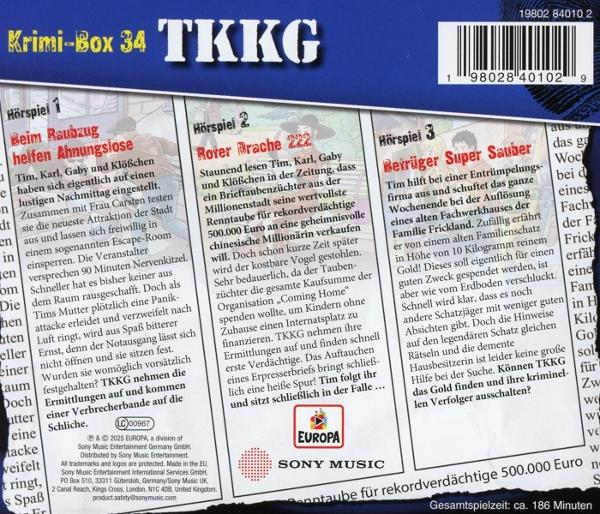 Buchcover mit deutschem Text. Es enthält einen Barcode und ein Logo. Der Titel ist TKKG, mit weiteren Details.