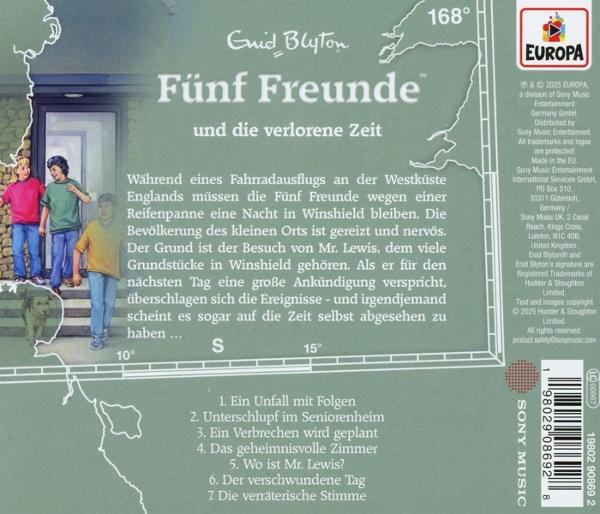 Buchcover mit dem Titel 'Fünf Freunde'. Zeigt drei Kinder und einen Hund in der Nähe eines Hauses. Text auf Deutsch.
