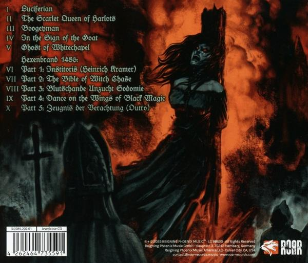 Albumcover mit einer Frau in schwarzem Kleid, Flammen und einem Kreuz. Text enthält Titelliste und Album-Infos.