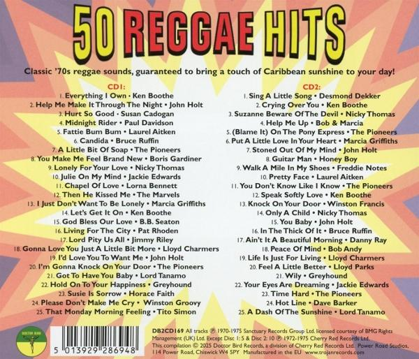 Albumcover mit dem Titel '50 Reggae Hits', mit einer Liste von Liedern und Künstlern in einem farbenfrohen Design.
