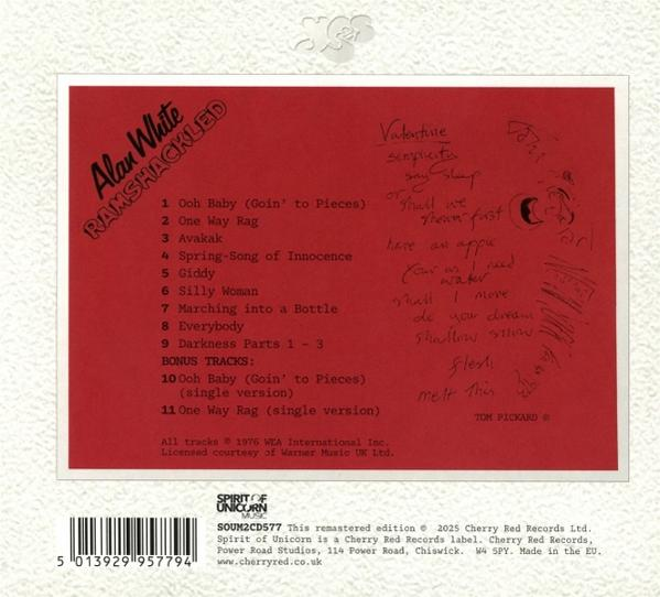 Albumcover mit rotem Hintergrund. Titel, Titelliste und handschriftliche Notizen. Weißer Rand und ein Barcode unten.