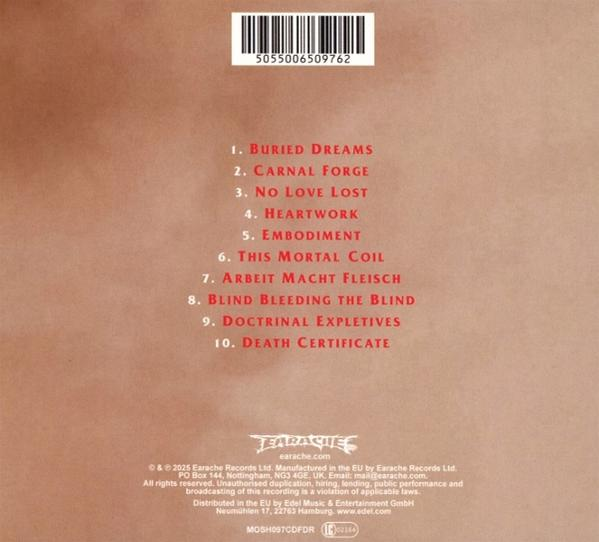 Albumcover mit Titelliste. Oben rechts ein Barcode. Brauner Hintergrund mit einer Liste von Songtiteln in Rot.