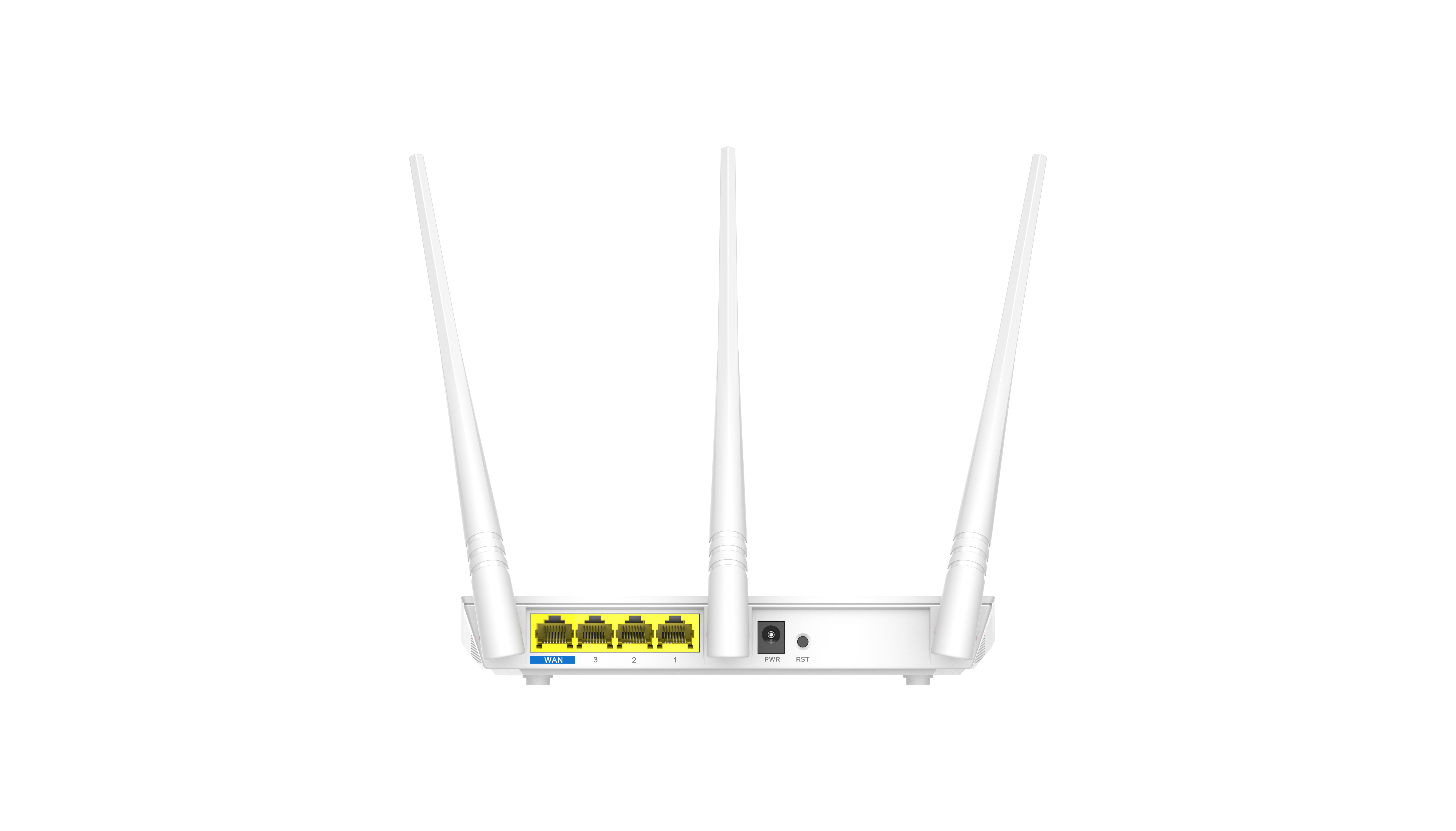 Üç antenli beyaz bir yönlendirici. Birden fazla sarı Ethernet portu ve bir güç düğmesi vardır. Arka plan düz beyazdır.