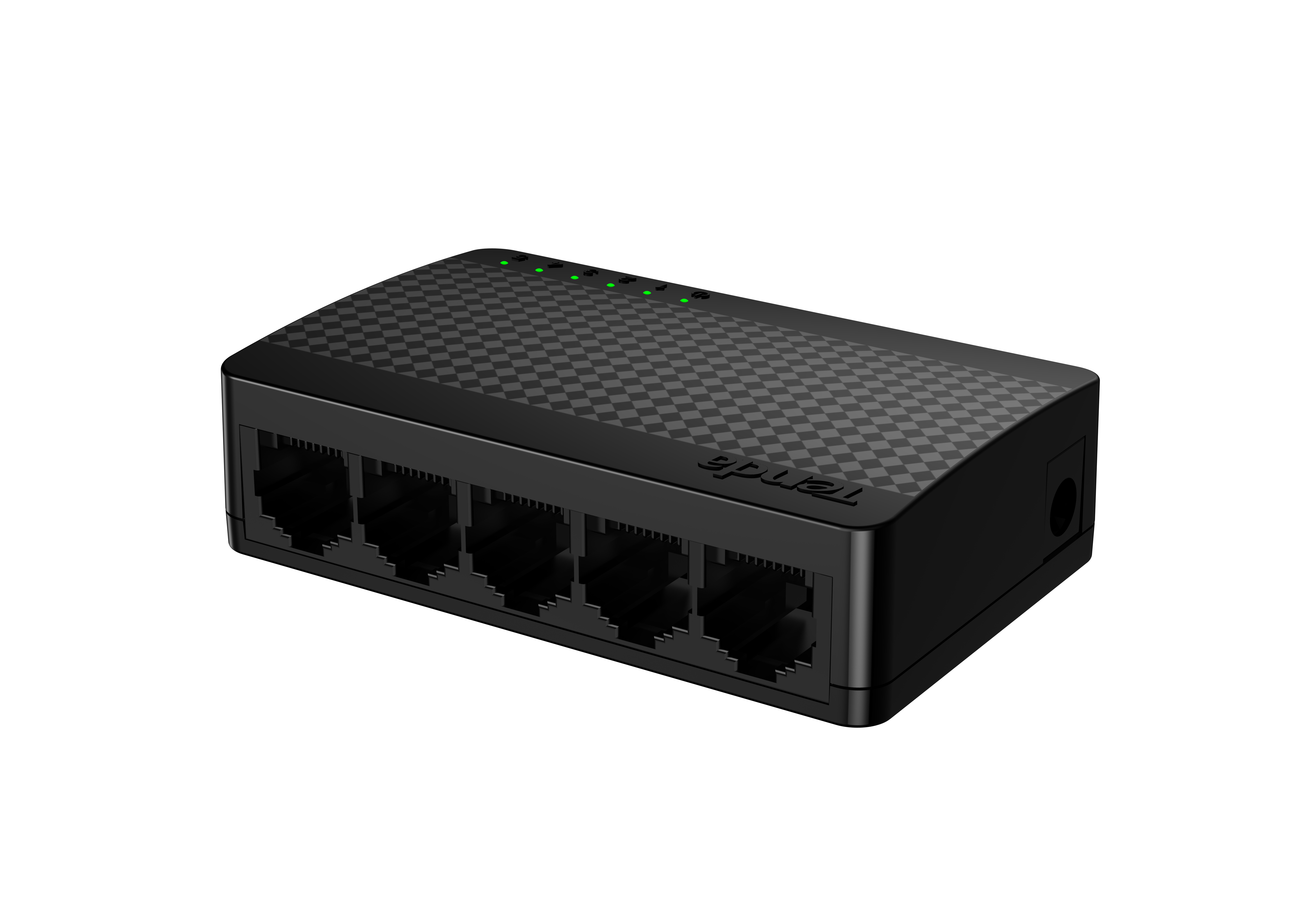 Siyah Tenda ethernet anahtarı, 5 bağlantı noktası ve yeşil gösterge ışıkları. Üst kısımda damalı desen var.