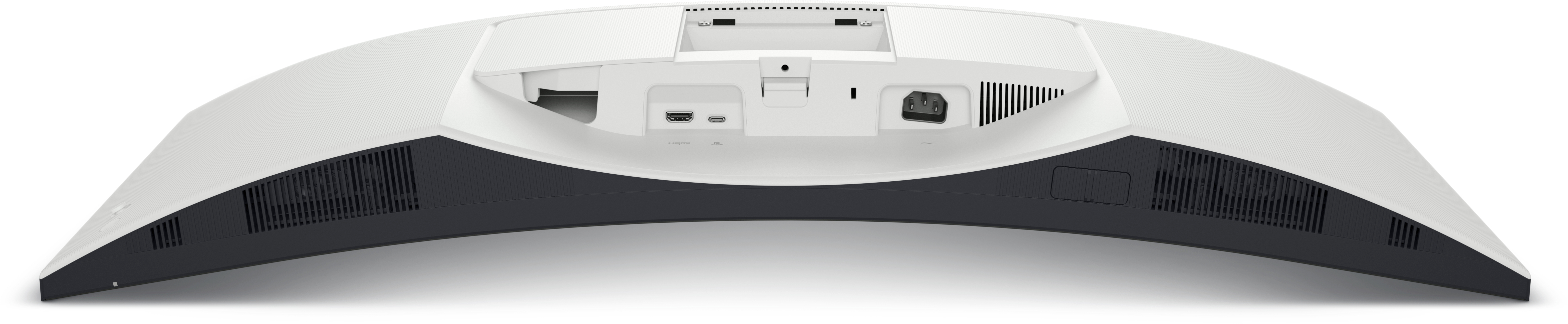 Rückansicht eines weißen Monitors. Er hat Anschlüsse für HDMI, USB-C und Strom. Der Boden ist schwarz mit Lüftungsschlitzen.