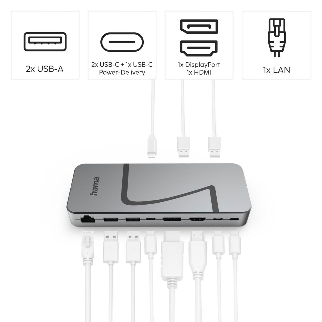 Ein silberner Hama-Hub mit verschiedenen Anschlüssen: 2x USB-A, 2x USB-C + Power Delivery, DisplayPort, HDMI und LAN. Kabel angeschlossen.