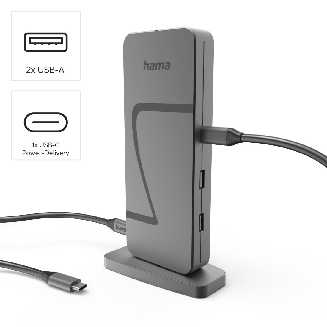 Ein grauer Hama USB-Hub mit USB-A- und USB-C-Anschlüssen. Kabel sind angeschlossen. Textkennzeichnungen zeigen die Anschlusstypen.