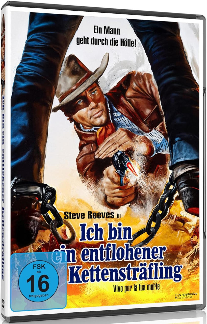 Filmplakat. Ein Mann mit Cowboyhut zielt mit einer Pistole. Ketten und Beine rahmen das Hauptbild ein. Text auf Deutsch und Italienisch.