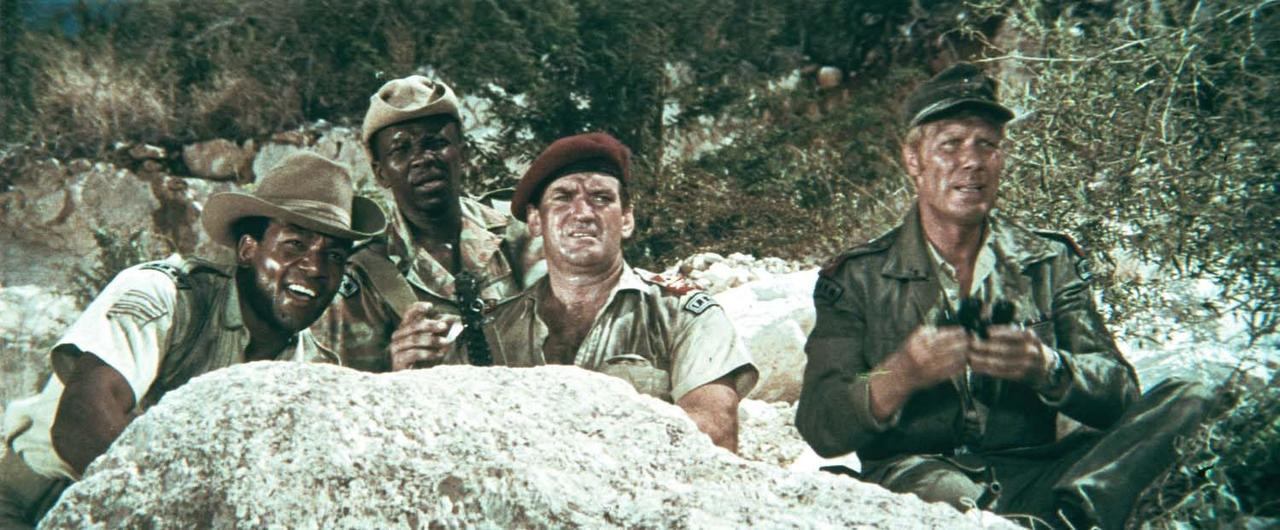 Vier Soldaten in Militäruniform posieren in der Nähe von Laub. Sie stehen auf einem Felsen und haben unterschiedliche Ausdrücke. Der Hintergrund ist grün.
