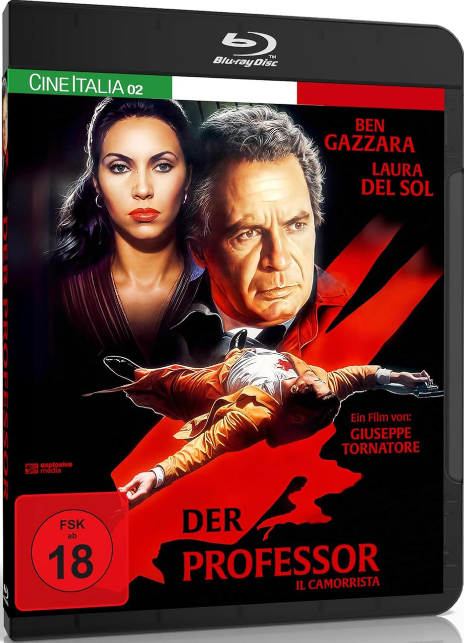 Blu-ray-Cover: Mann und Frau, Mann in orangefarbener Jacke, Titel "Der Professor", FSK 18, und italienische Flagge.