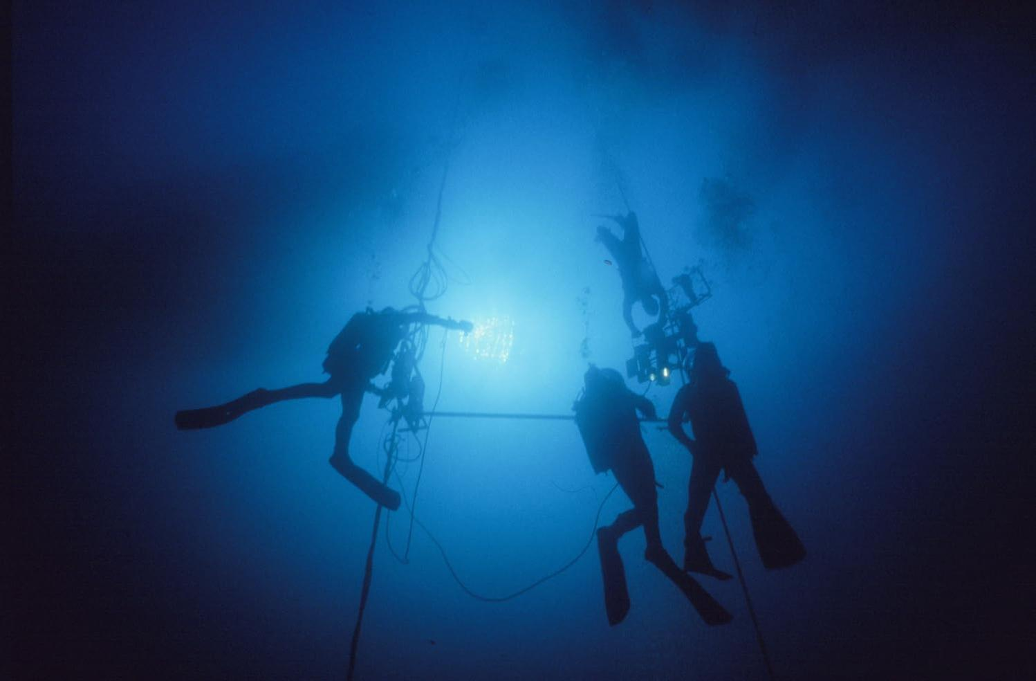 Taucher in dunkelblauem Wasser, beleuchtet. Silhouetten von Tauchern mit Ausrüstung, einige halten Lichter, sind sichtbar.