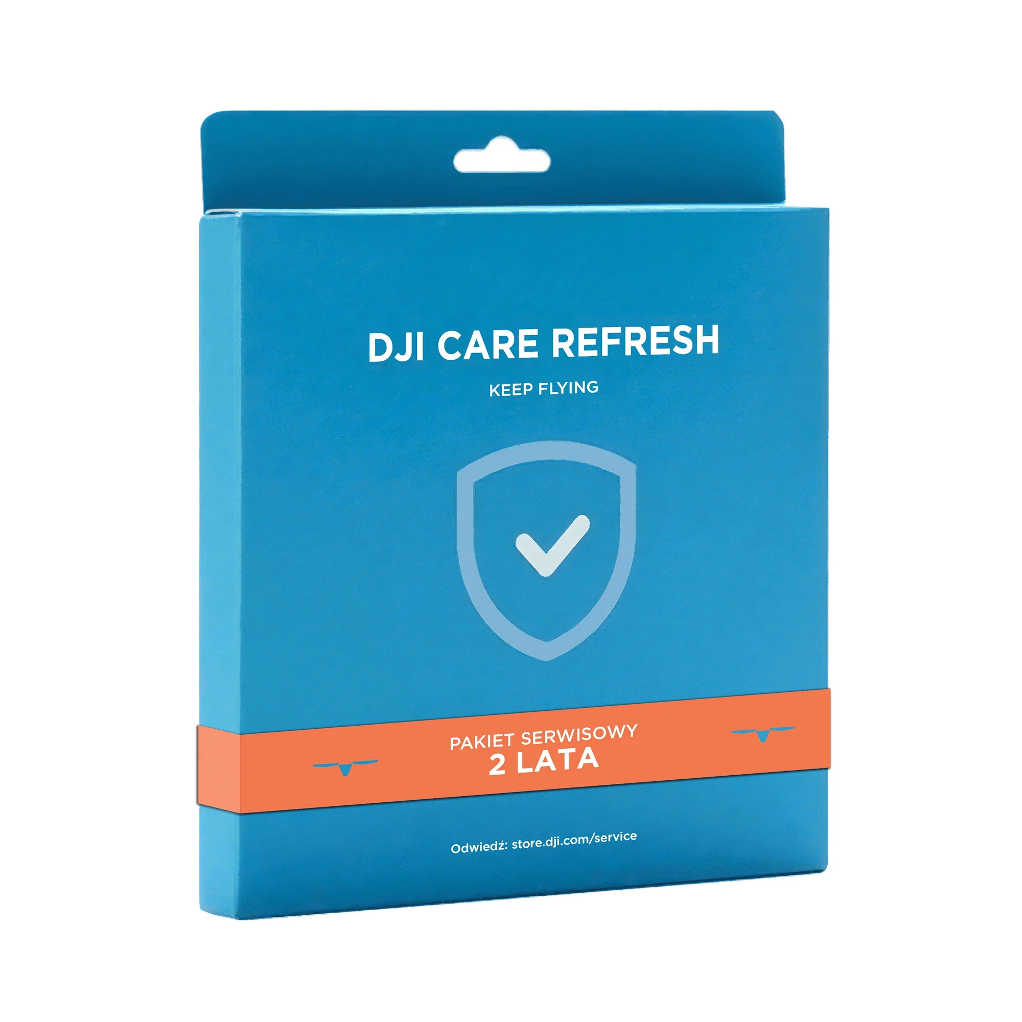 Niebieskie pudełko z tekstem i logo DJI Care Refresh. Pomarańczowy pasek: '2 lata serwisu'. Białe tło.