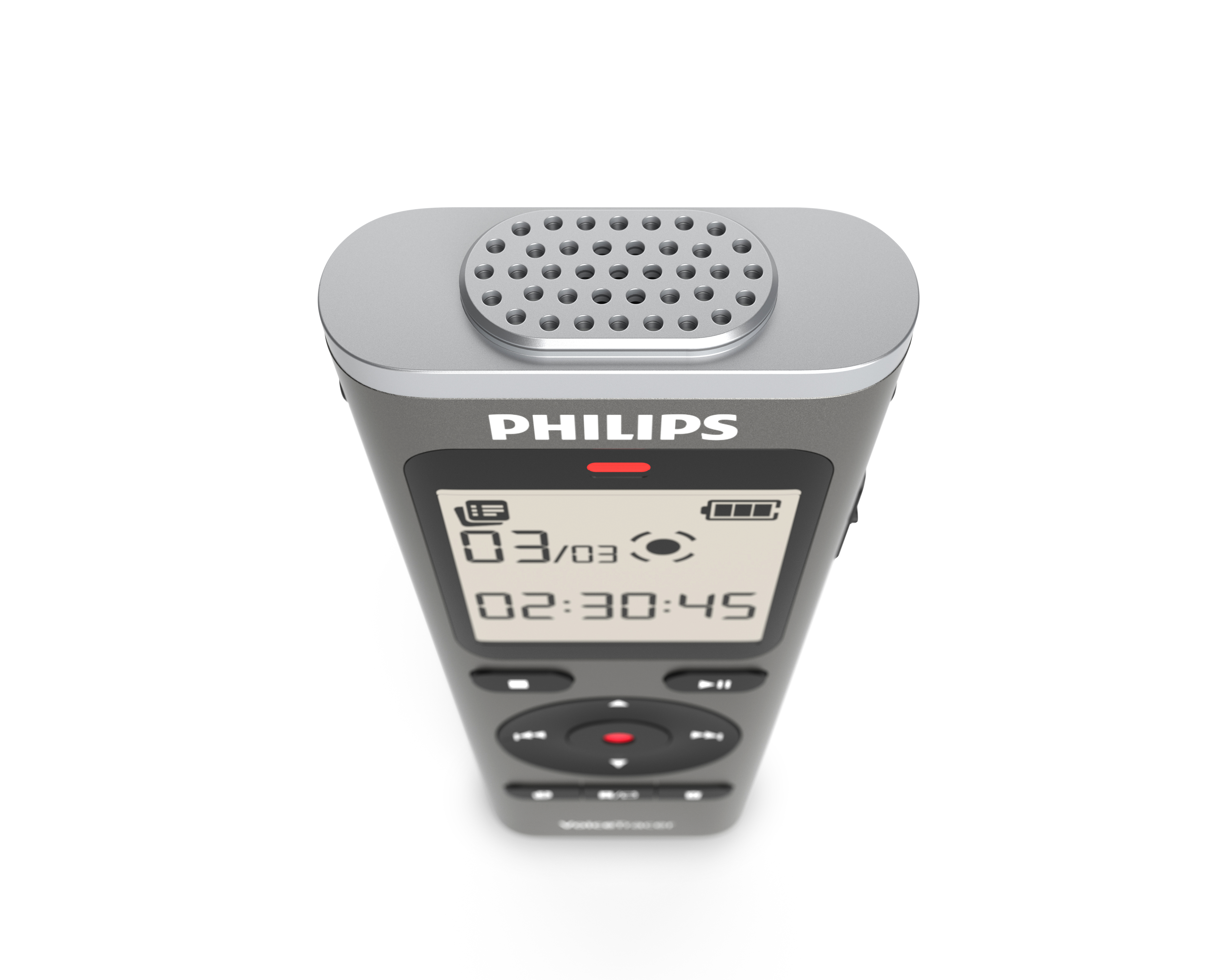 Ein Philips digitales Sprachaufnahmegerät wird gezeigt. Es hat einen Bildschirm mit Datum und Uhrzeit sowie Steuertasten.