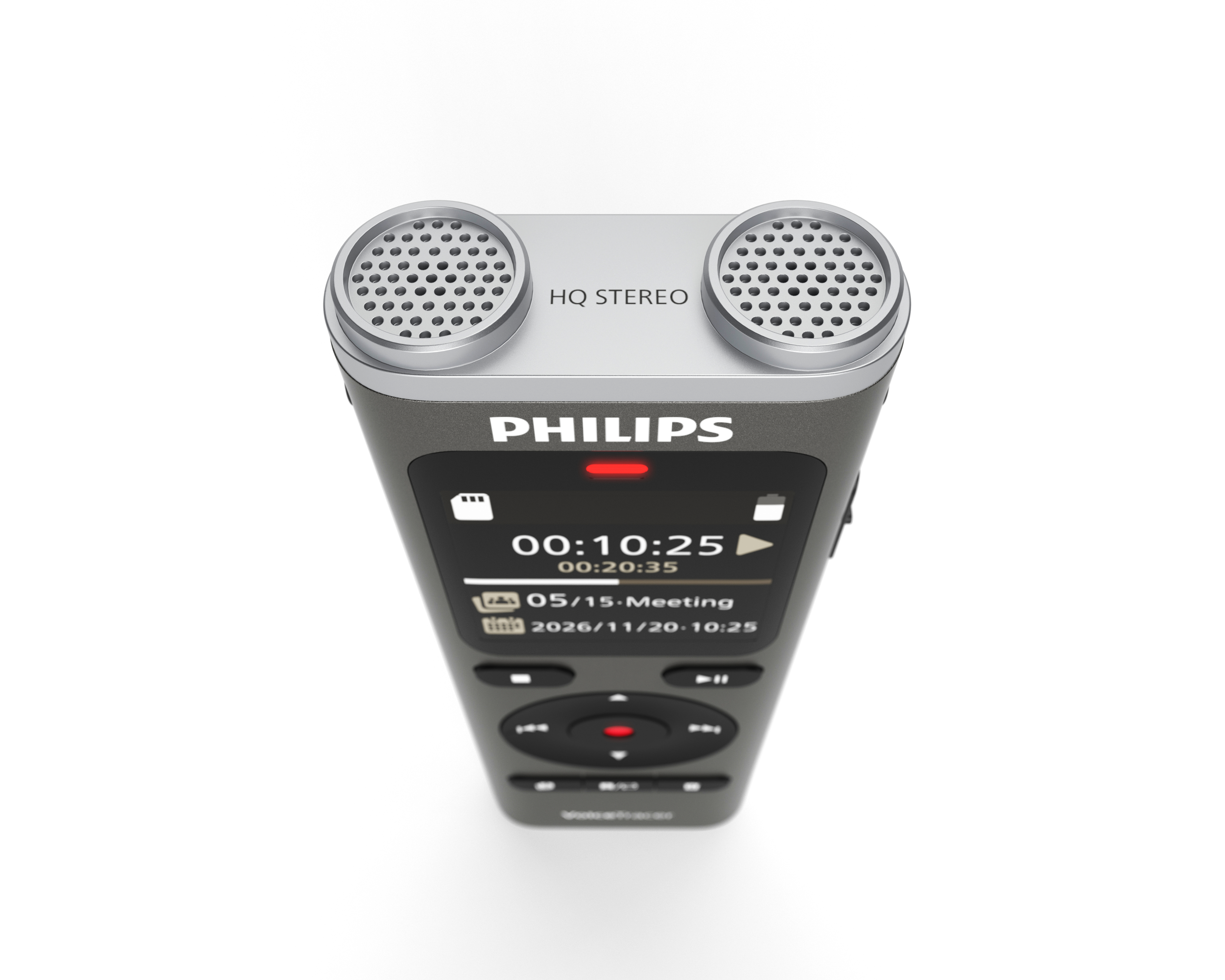 Ein grauer Philips Digital Voice Recorder mit Stereo-Mikrofonen, Bildschirm mit 00:10:25 und anderen Informationen, und Tasten.