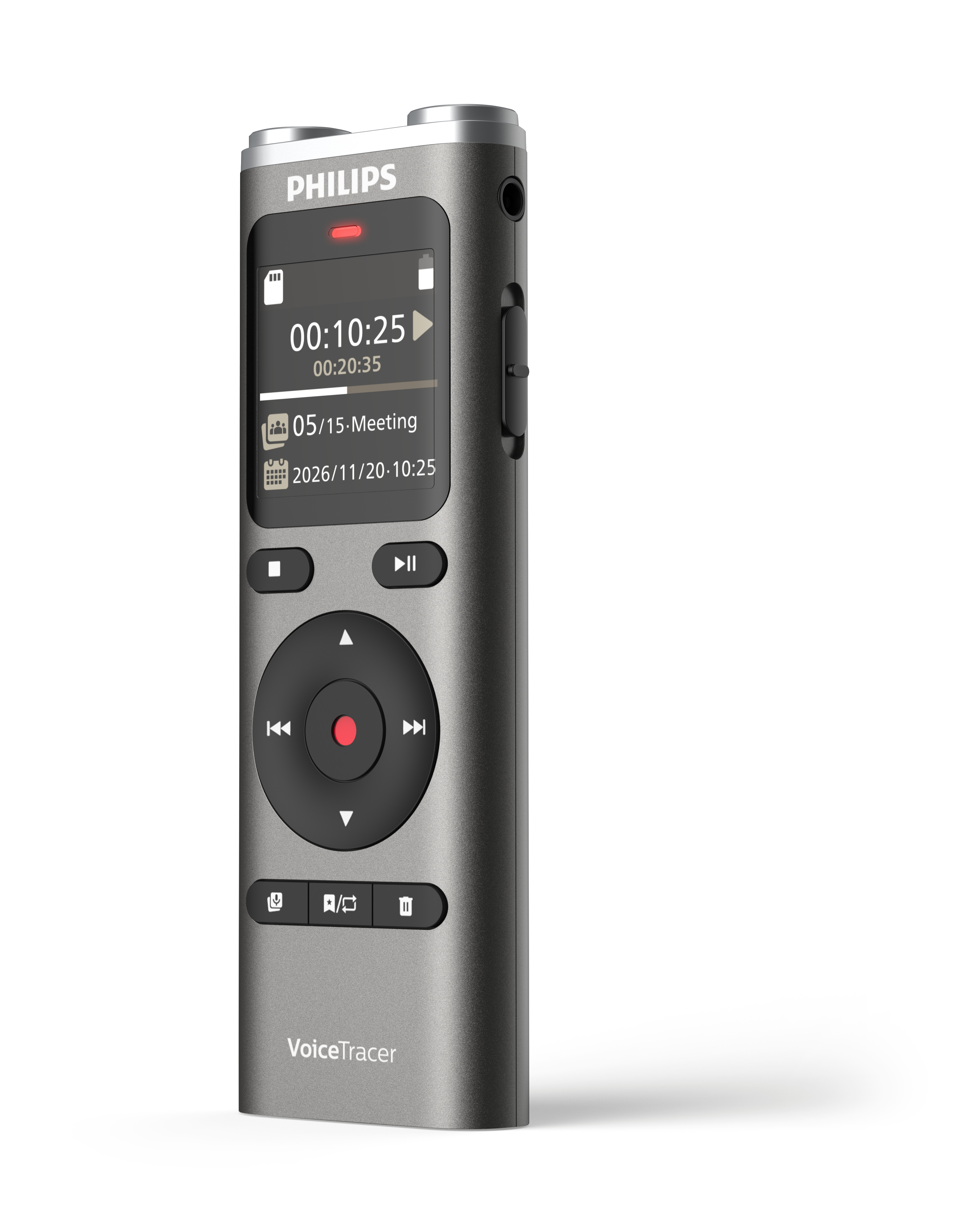 Ein Philips VoiceTracer Digital-Diktiergerät. Es hat einen Bildschirm mit Uhrzeit und Datum, Aufnahmestatus und Steuertasten.