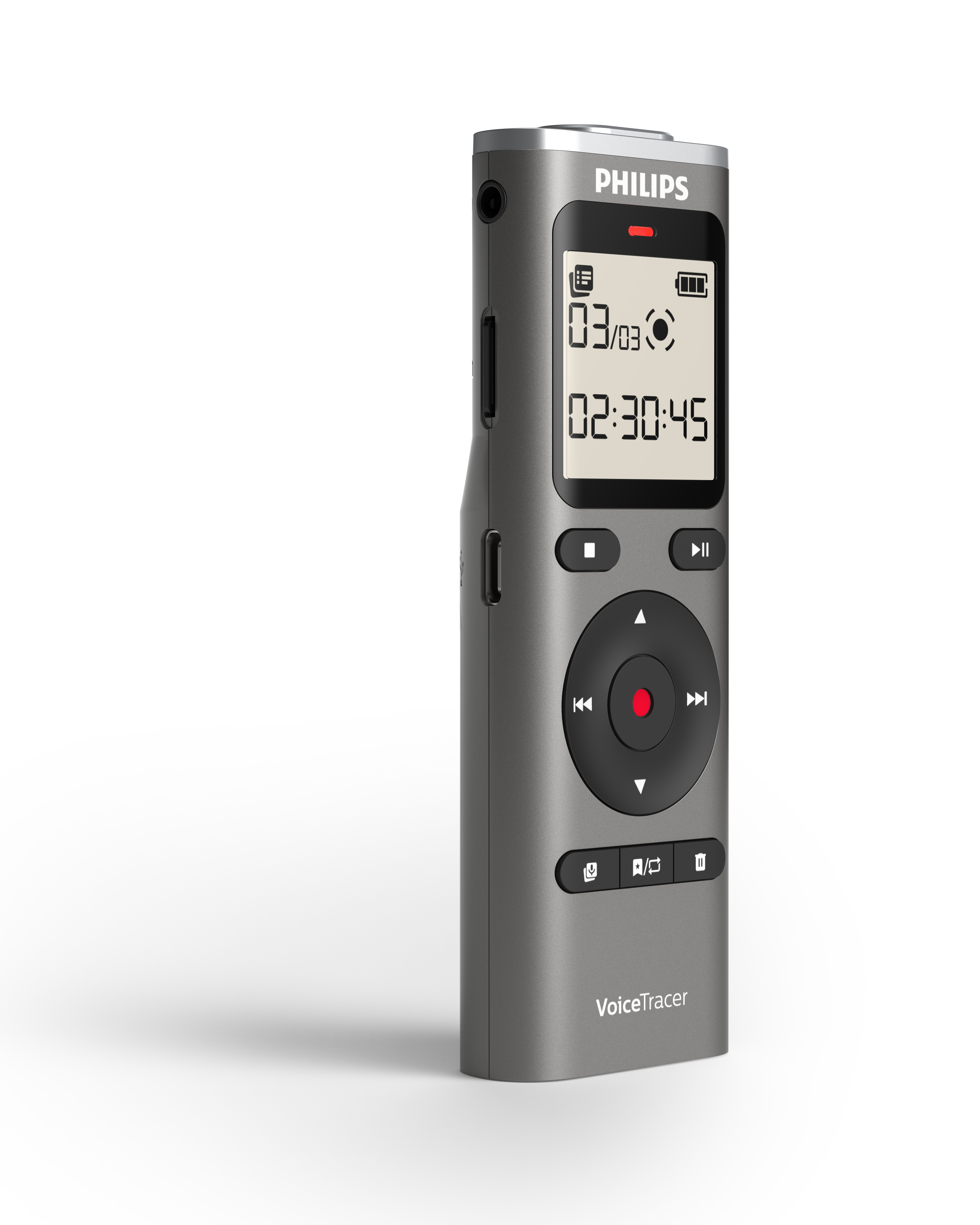 Ein graues Philips VoiceTracer-Diktiergerät. Es hat einen Bildschirm mit Datum und Uhrzeit sowie Steuertasten.