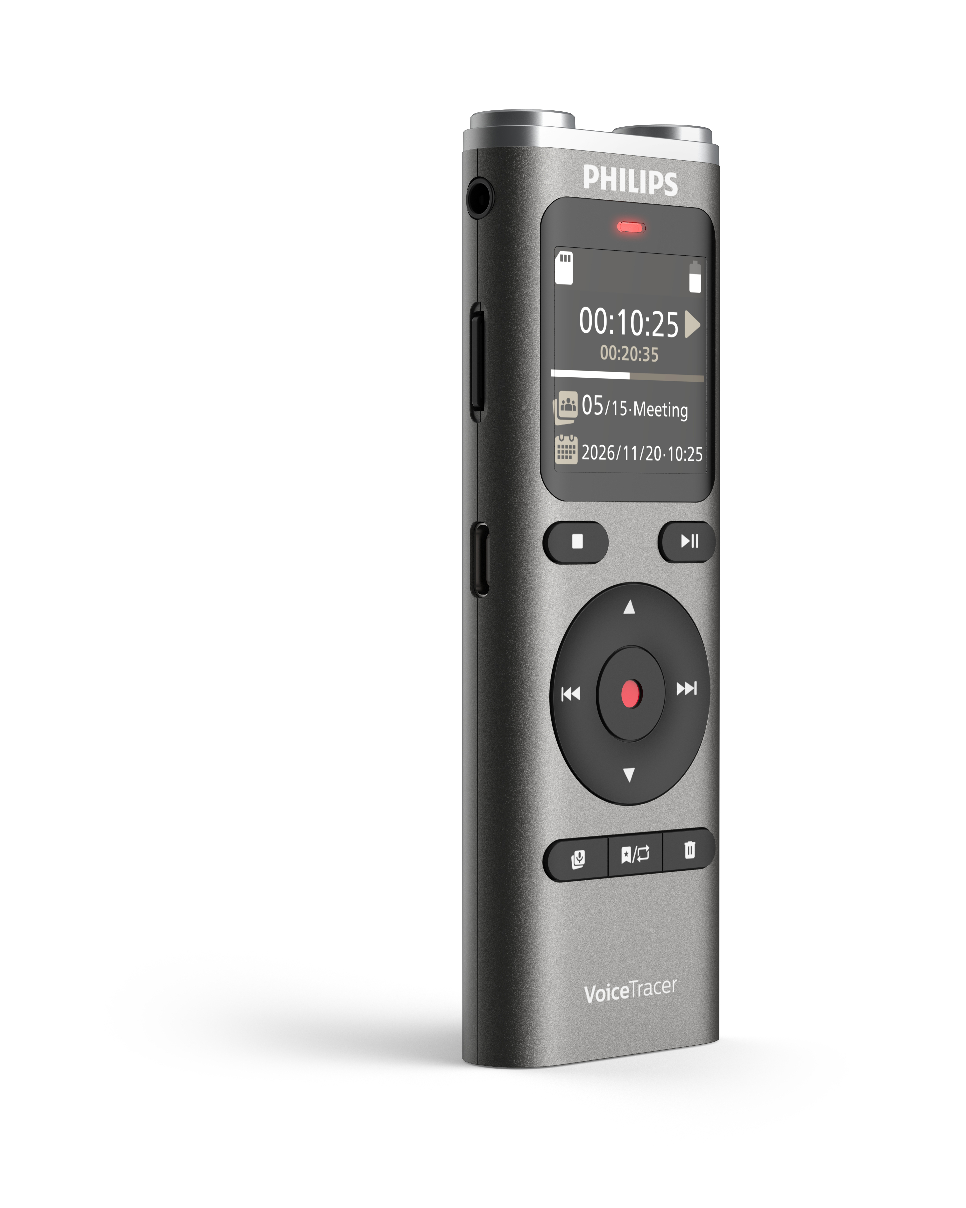Ein silbernes Philips VoiceTracer-Digitalaufnahmegerät zeigt Aufnahmezeit und Optionen auf einem Bildschirm an. Es hat ein zentrales Steuerrad.