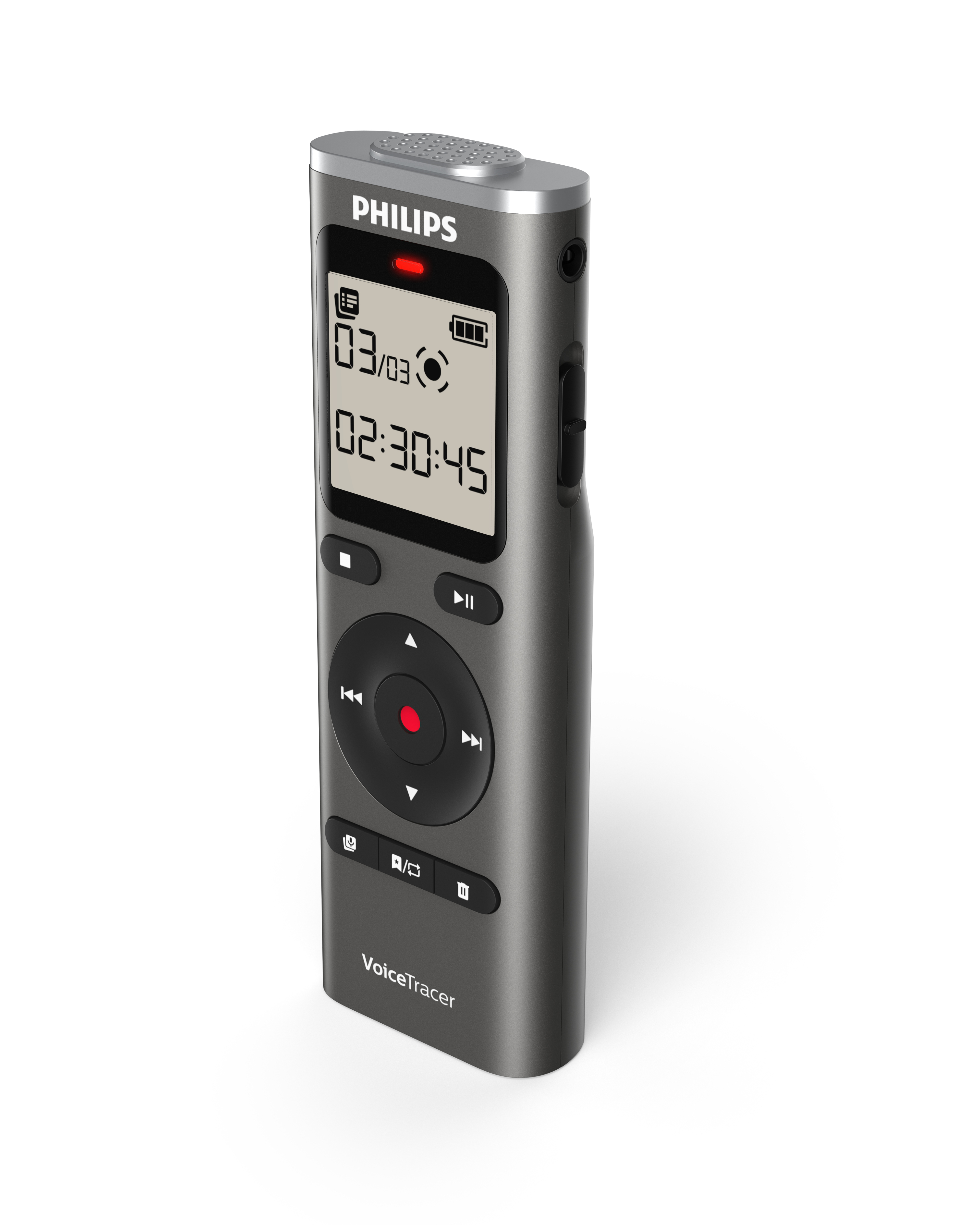 Ein graues Philips VoiceTracer-Diktiergerät mit einem Bildschirm, der Zeit und Aufnahmestatus anzeigt. Tasten und eine rote Aufnahmetaste sind sichtbar.