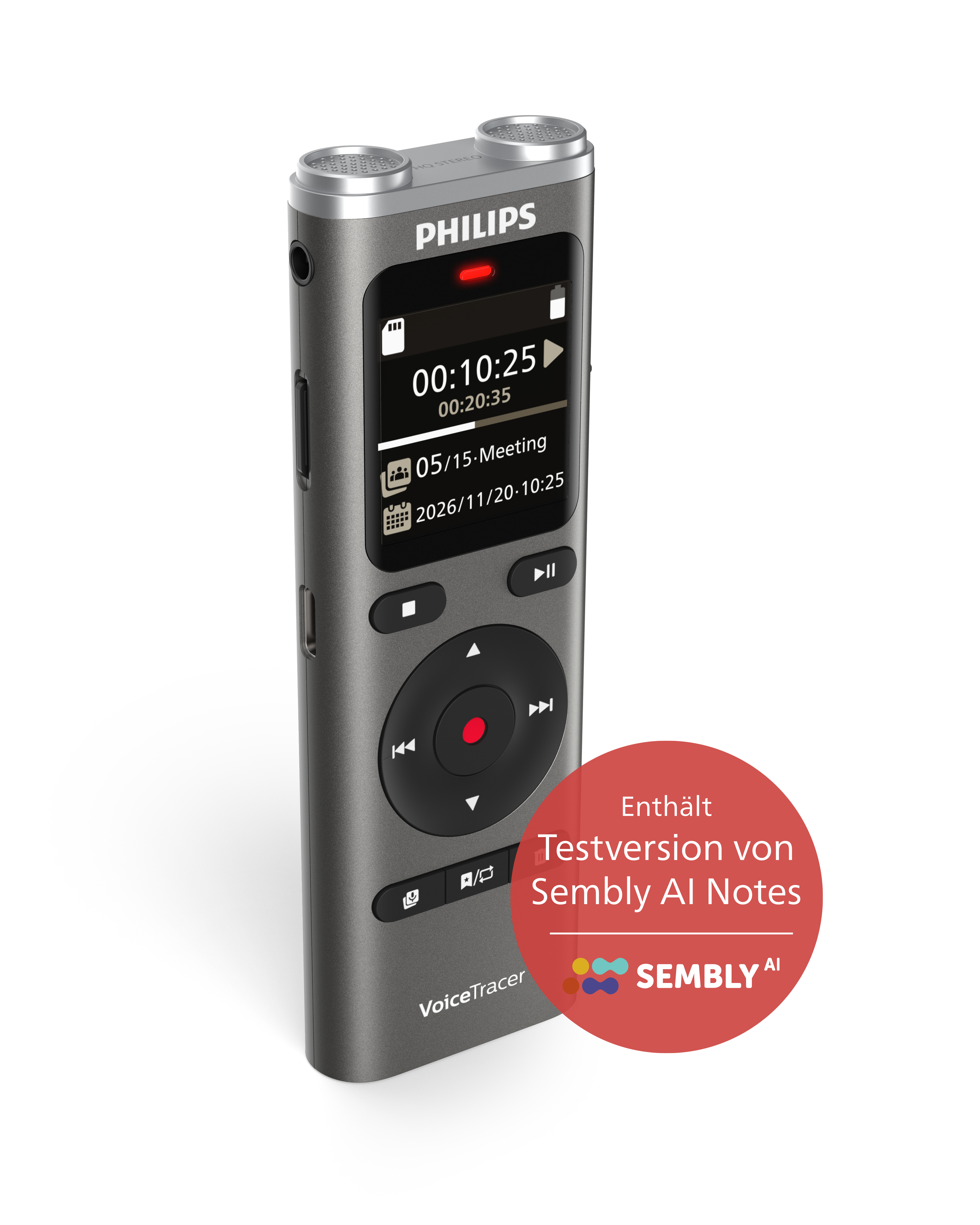 Ein Philips VoiceTracer-Rekorder. Das Display zeigt Zeit und AufnahmeDetails an. Ein roter Kreis zeigt die Aufnahme an.