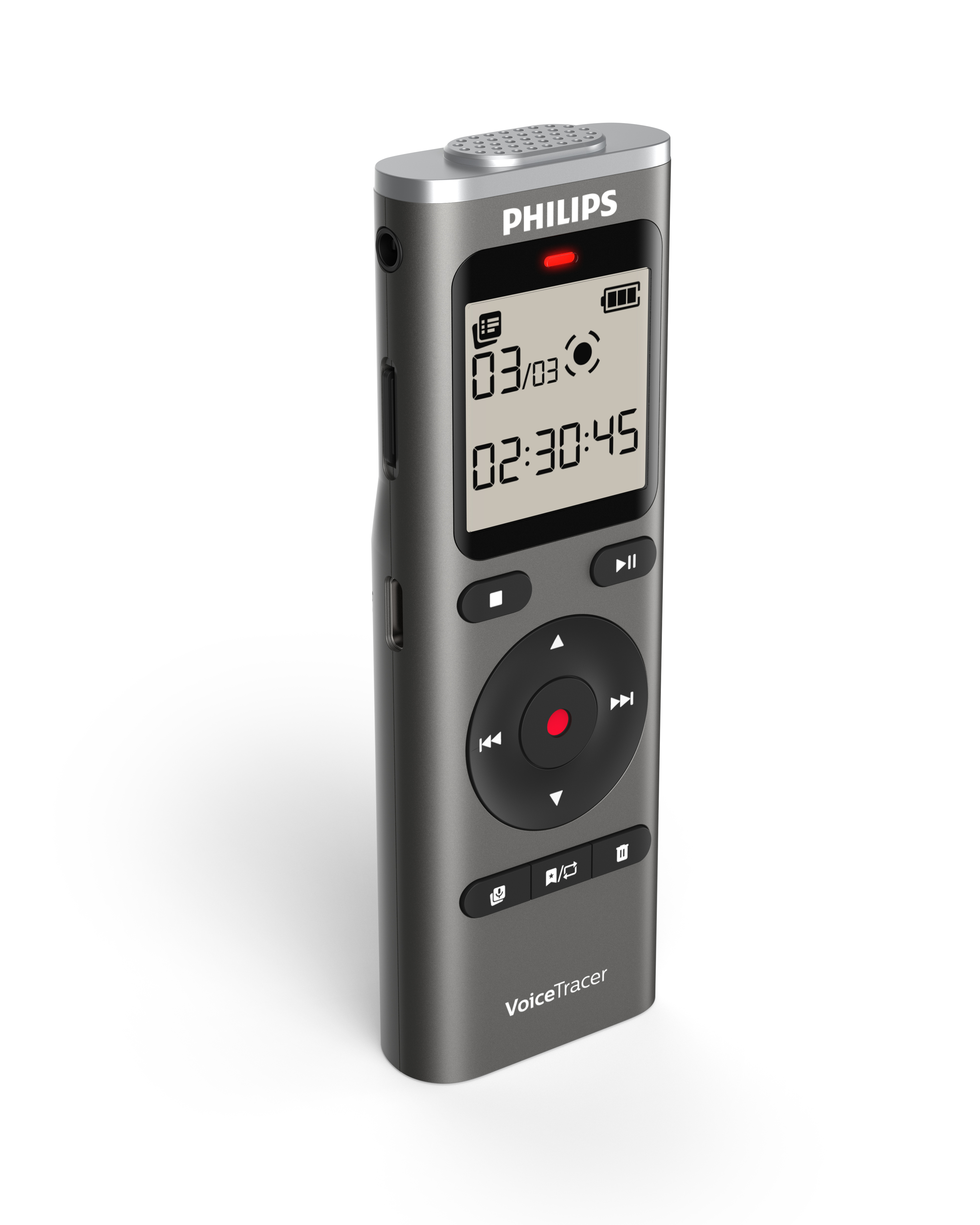 Ein Philips Voice Tracer-Rekorder. Er ist grau und hat einen Bildschirm, der Zeit und Datum anzeigt. Er befindet sich auf weißem Hintergrund.