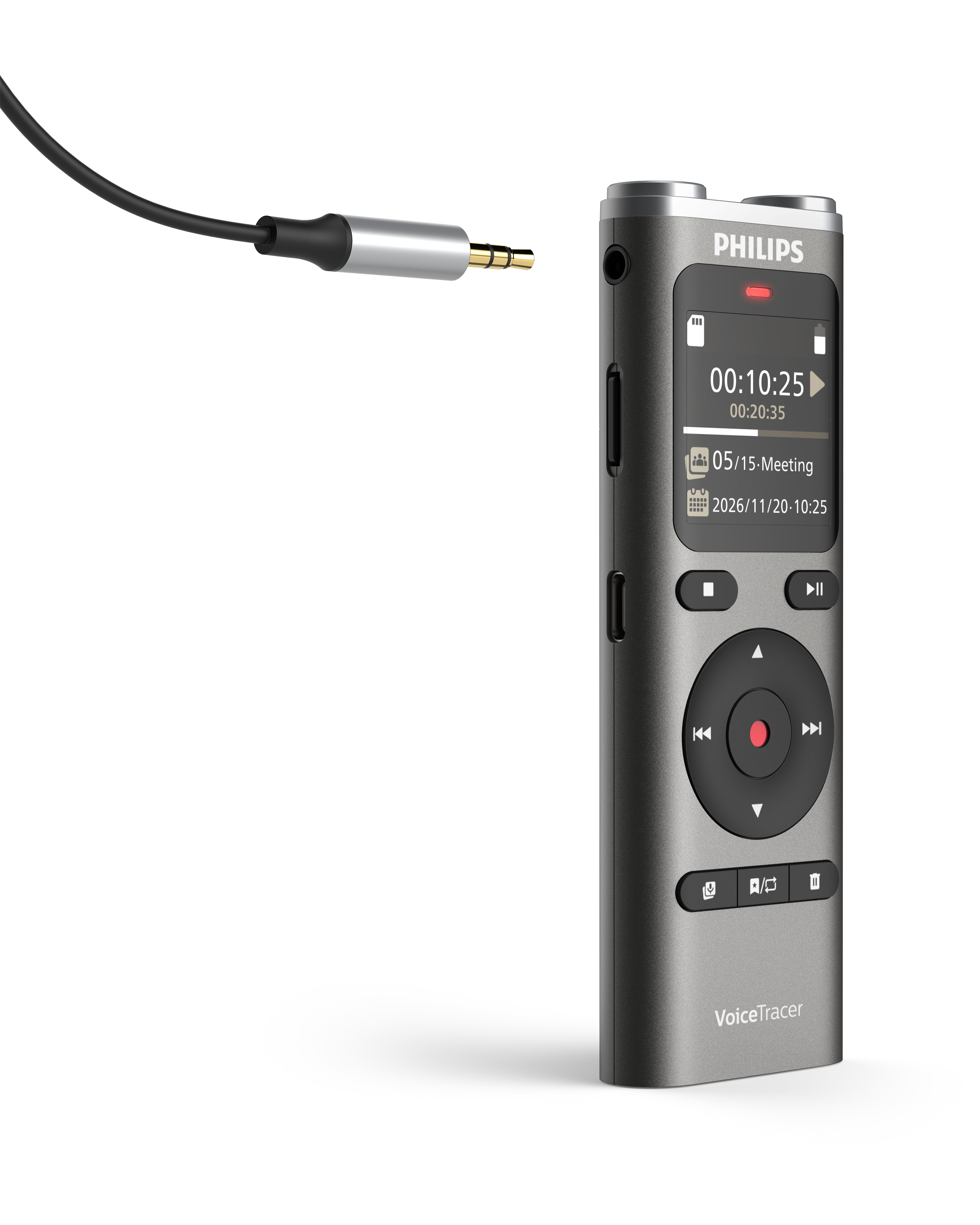 Ein silberner Philips VoiceTracer-Recorder mit schwarzem Kabel und 3,5-mm-Klinke. Der Bildschirm zeigt Aufnahmeinformationen.