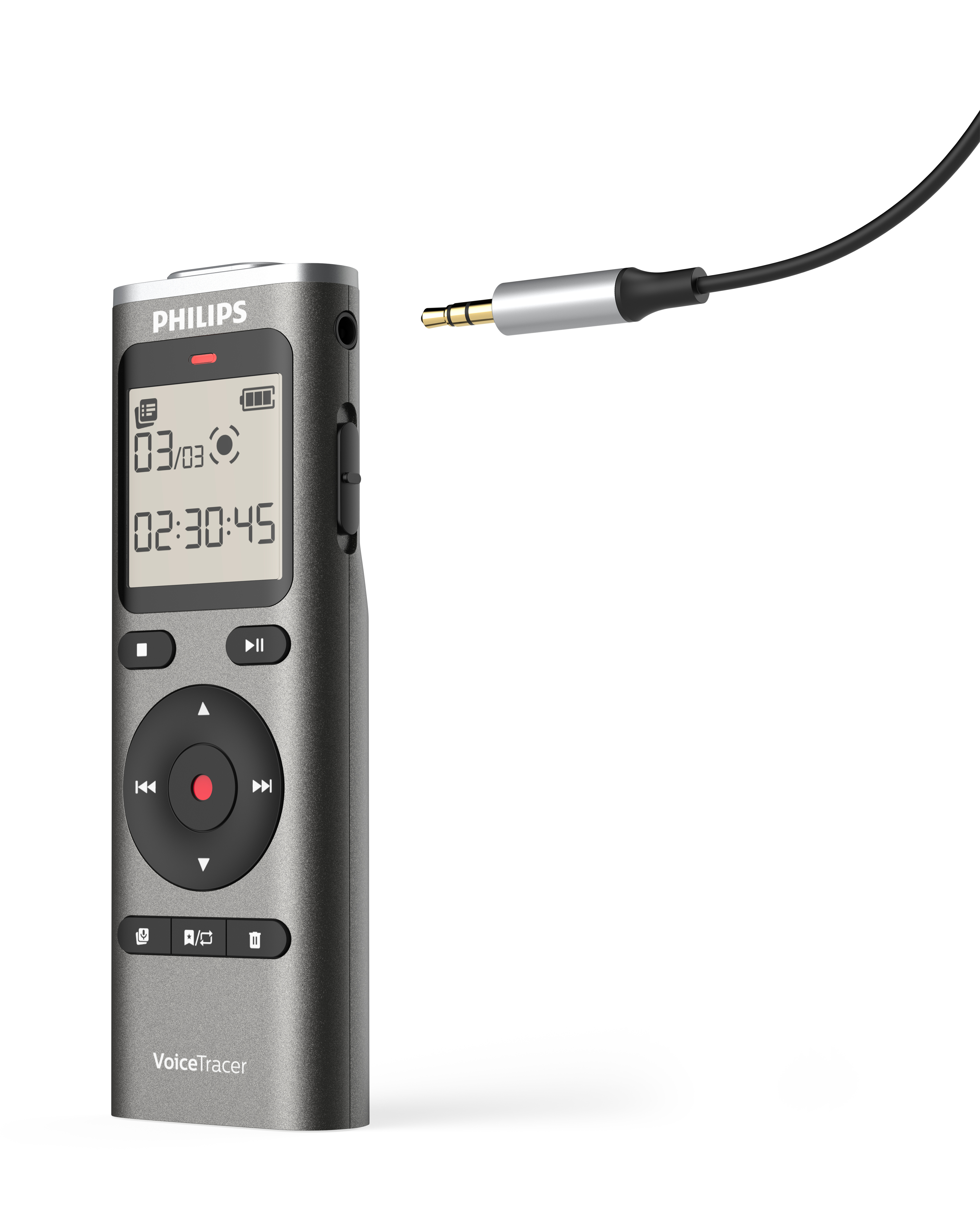 Ein Philips VoiceTracer-Rekorder mit schwarzem Kabel und Audioanschluss. Der Rekorder zeigt Zeit und Datum an. Weißer Hintergrund.