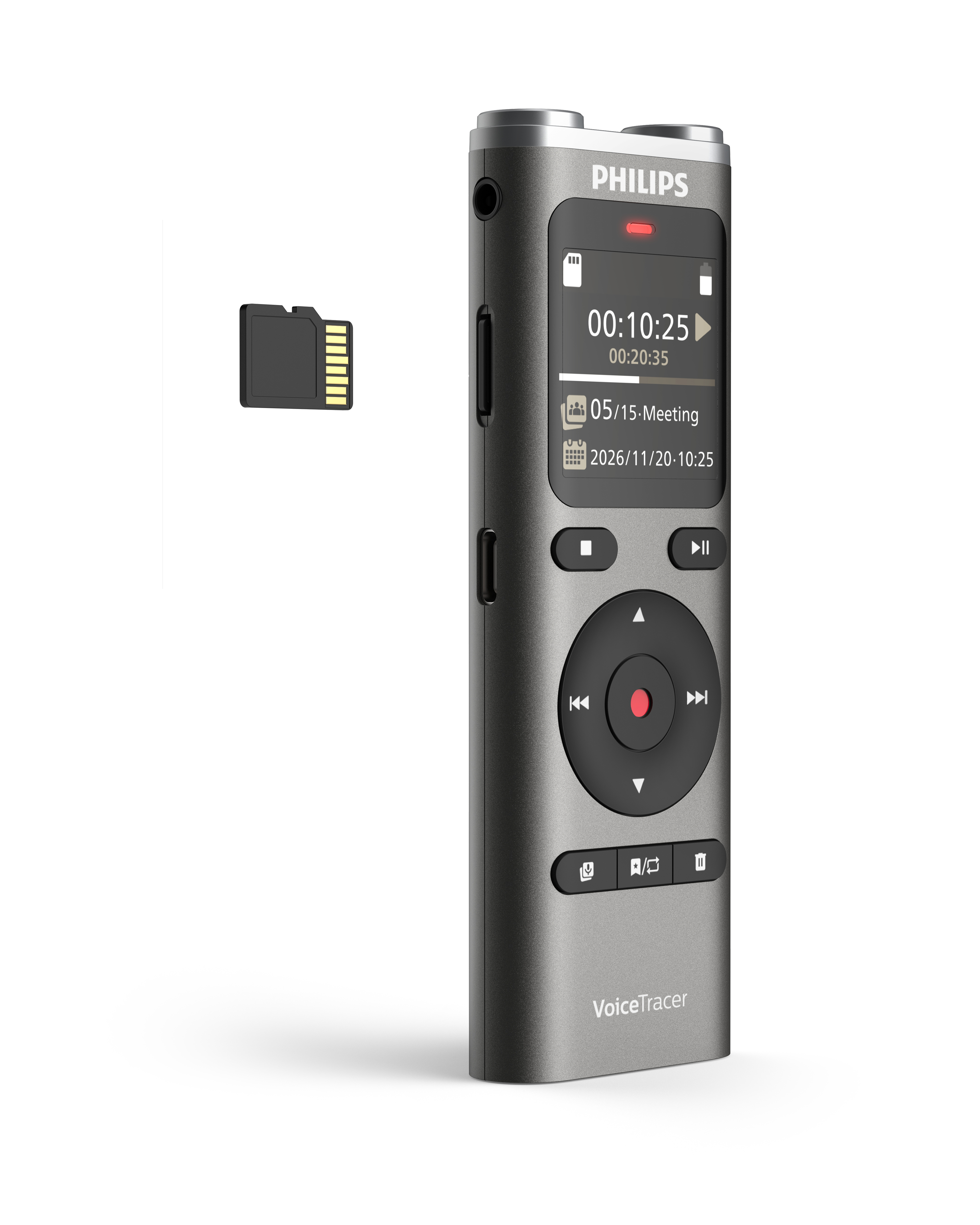 Grauer Philips VoiceTracer-Rekorder und schwarze SD-Karte vor weißem Hintergrund. Rekorder zeigt Zeit und Datum an.