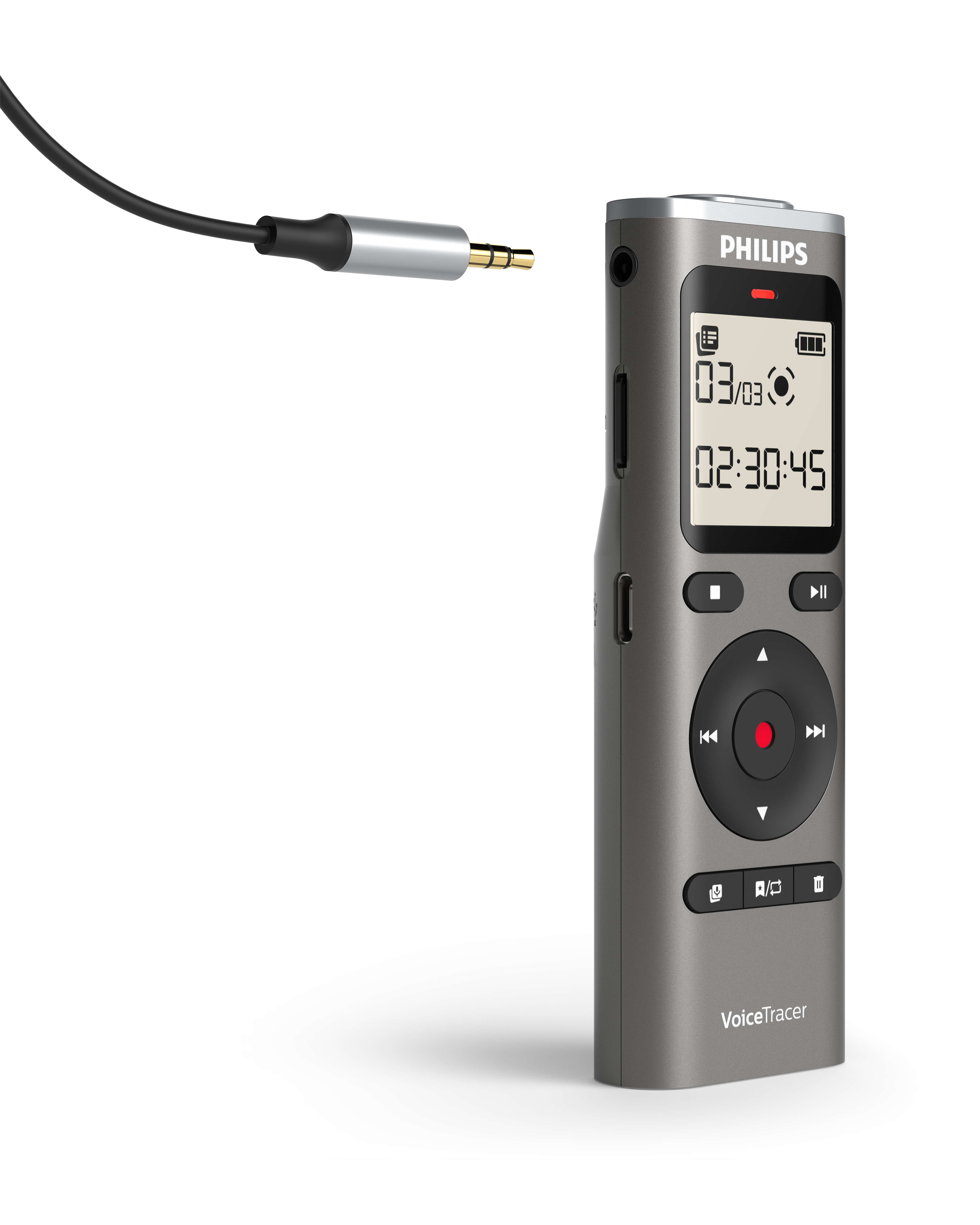 Ein grauer Philips VoiceTracer-Diktiergerät mit 3,5-mm-Klinke. Das Gerät zeigt Uhrzeit und Datum an.