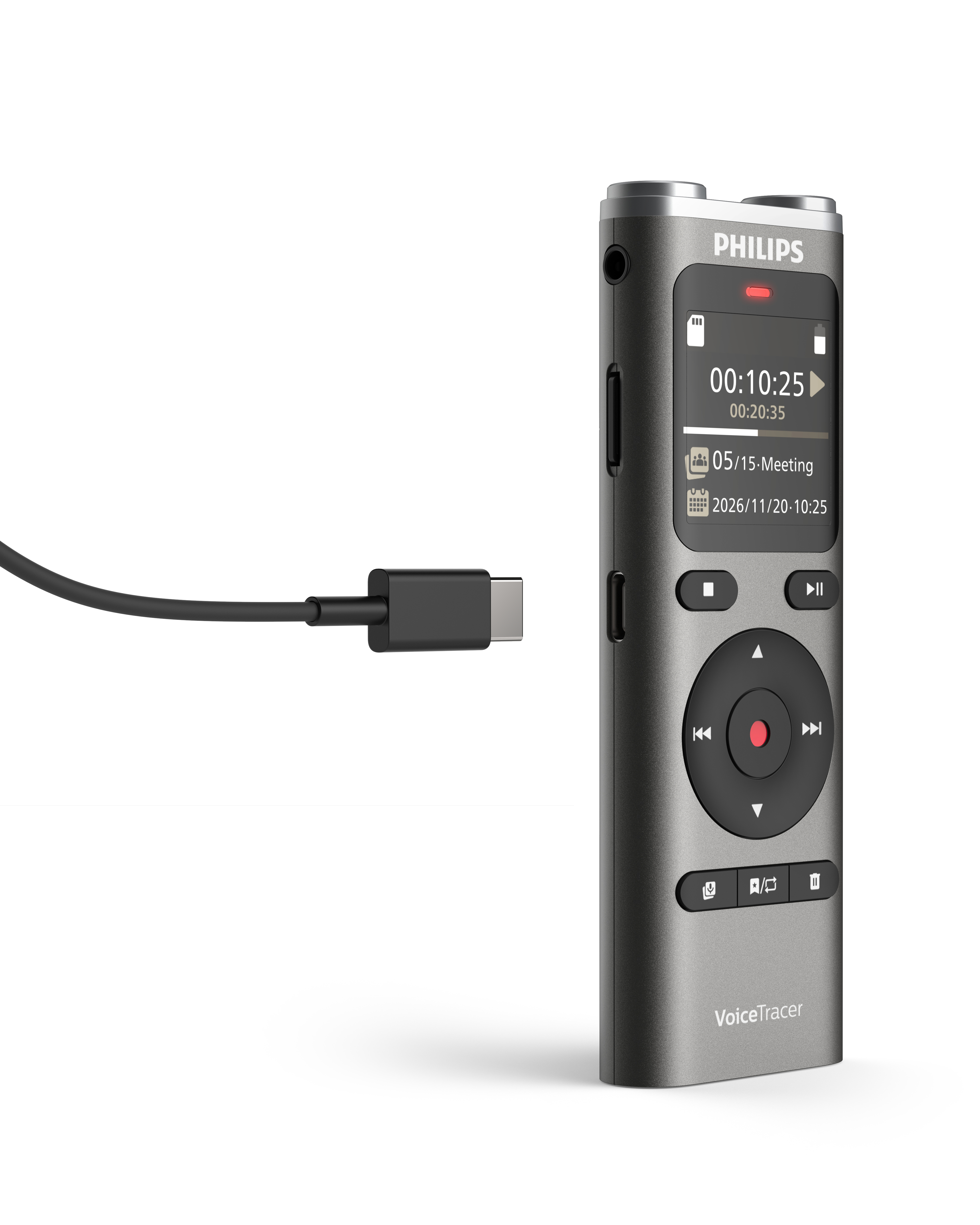 Ein Philips VoiceTracer-Recorder mit angeschlossenem USB-C-Kabel. Der Bildschirm zeigt Aufnahmezeit und Besprechungsdetails.